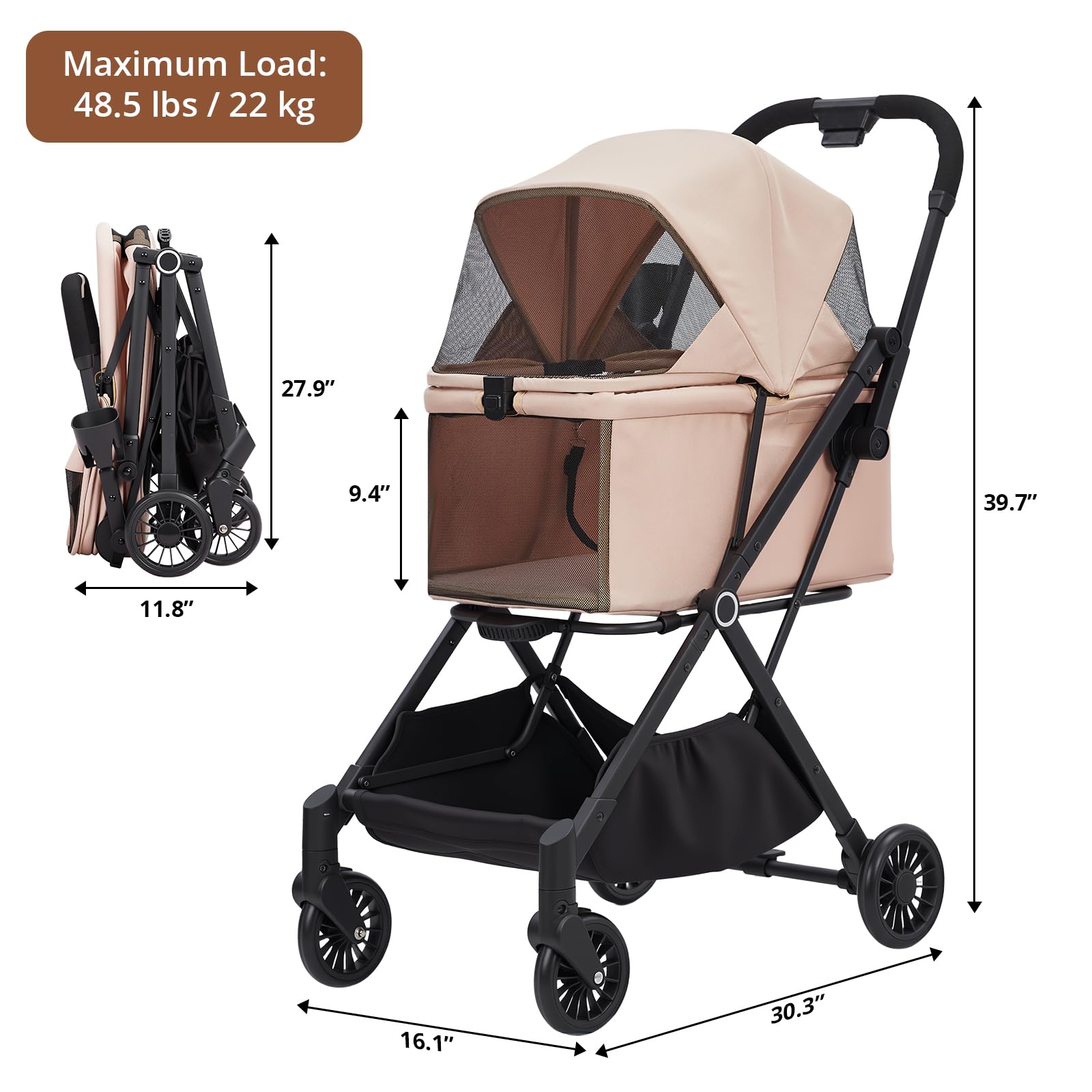 Garvee Foldable 4-Wheel Pet Stroller for Dogs & Cats -Dog Stroller, Lightweight Travel Carrier for Small to Medium Pets Up to 50 LBS, 360° Swivel Front Wheels, Foot Brake, Breathable Mes