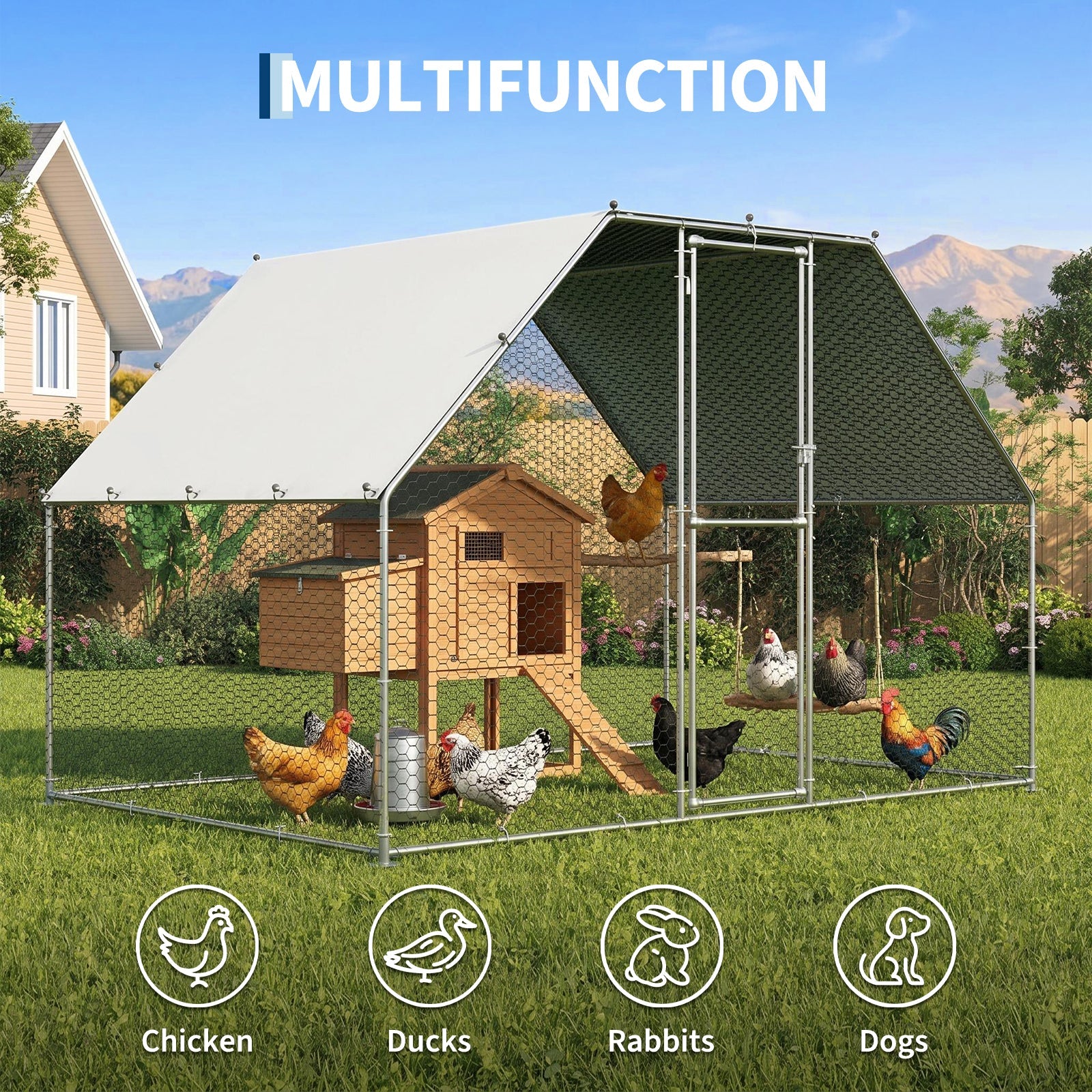 Garvee  9.73' x 6.40' x 6.03'  Spacious Metal Chicken Coop for 6-10 Chickens – Outdoor Walk-In Poultry Cage with Anti-UV Waterproof Cover – Durable Backyard Pen