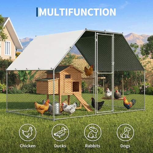 Garvee  9.73' x 6.40' x 6.03'  Spacious Metal Chicken Coop for 6-10 Chickens – Outdoor Walk-In Poultry Cage with Anti-UV Waterproof Cover – Durable Backyard Pen