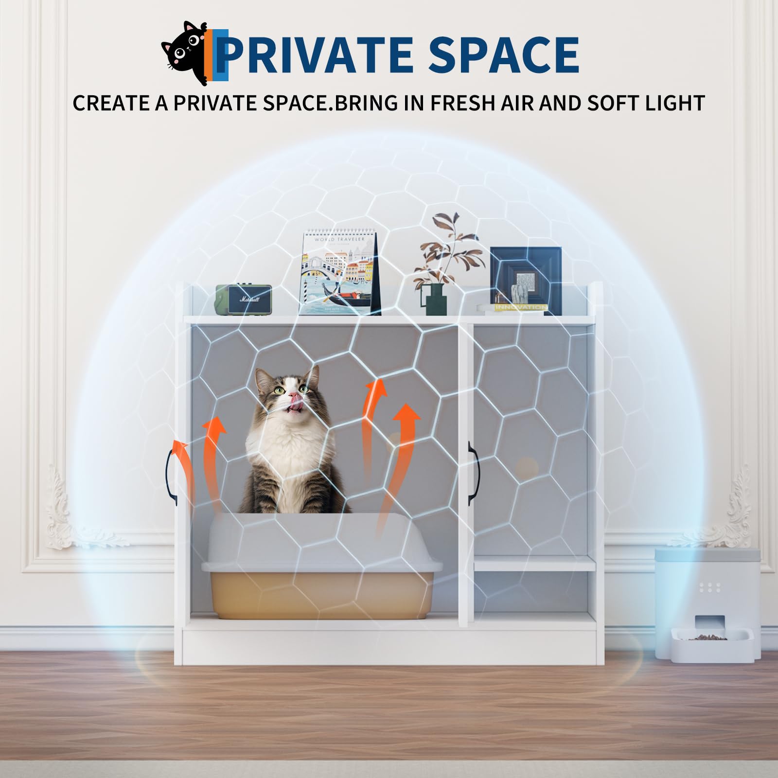 Garvee Cat Litter Box Enclosure, Hidden Litter Box Furniture with Divider, Indoor Cat House, Wooden Cat Washroom Storage Cabinet Bench, Side End Table Nightstand, 33.07"L × 23.62"W × 23.92"H, White
