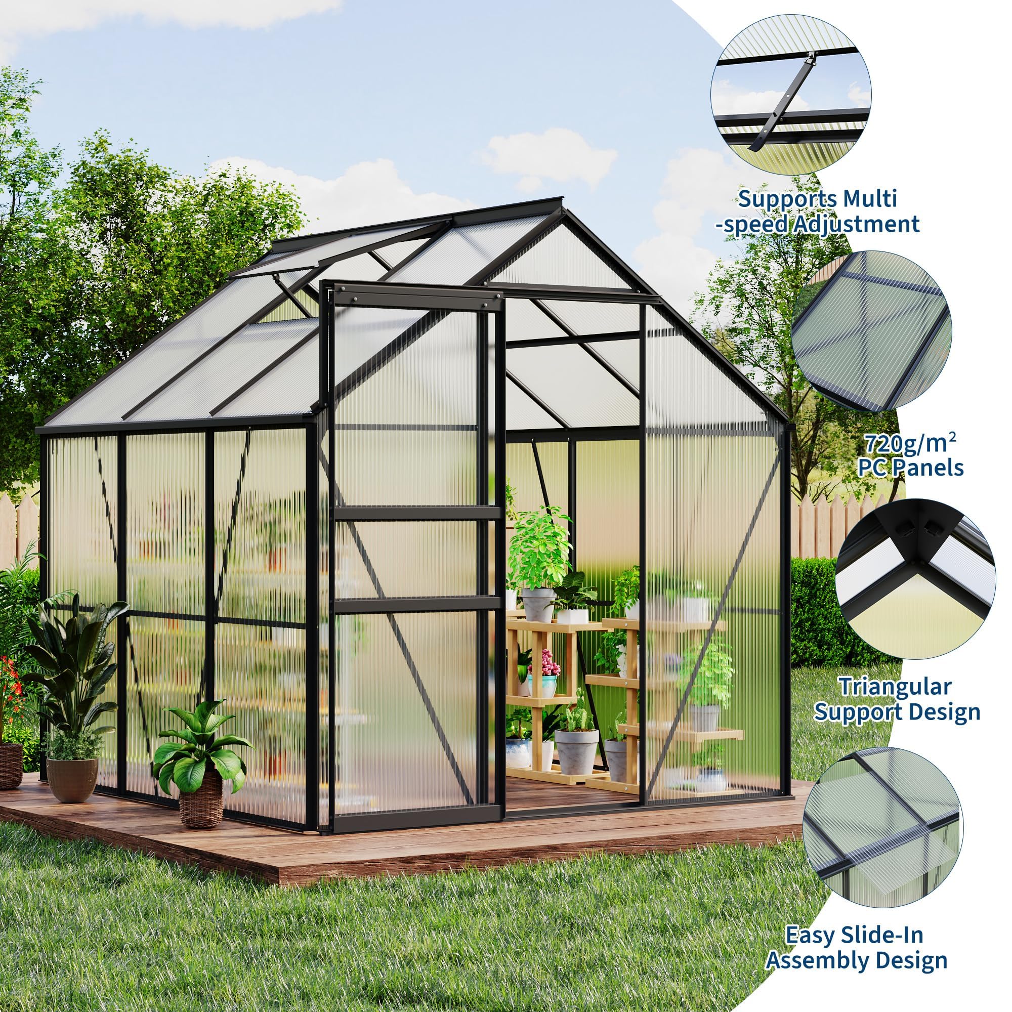 Garvee 6x6 FT Black Polycarbonate Greenhouse Kit – Walk-In Aluminum Frame, Lockable Door, Adjustable Roof Vent, Weather-Resistant, Easy Assembly, Gutter System for Outdoor Garden, Patio, Backyard