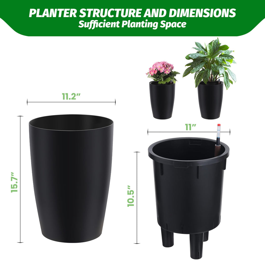 Garvee Self-Watering Tall Planters for Indoor and Outdoor Use, 2-Pack 16-Inch Black Plastic Pots with 2 Water Gauges and Built-In Drainage