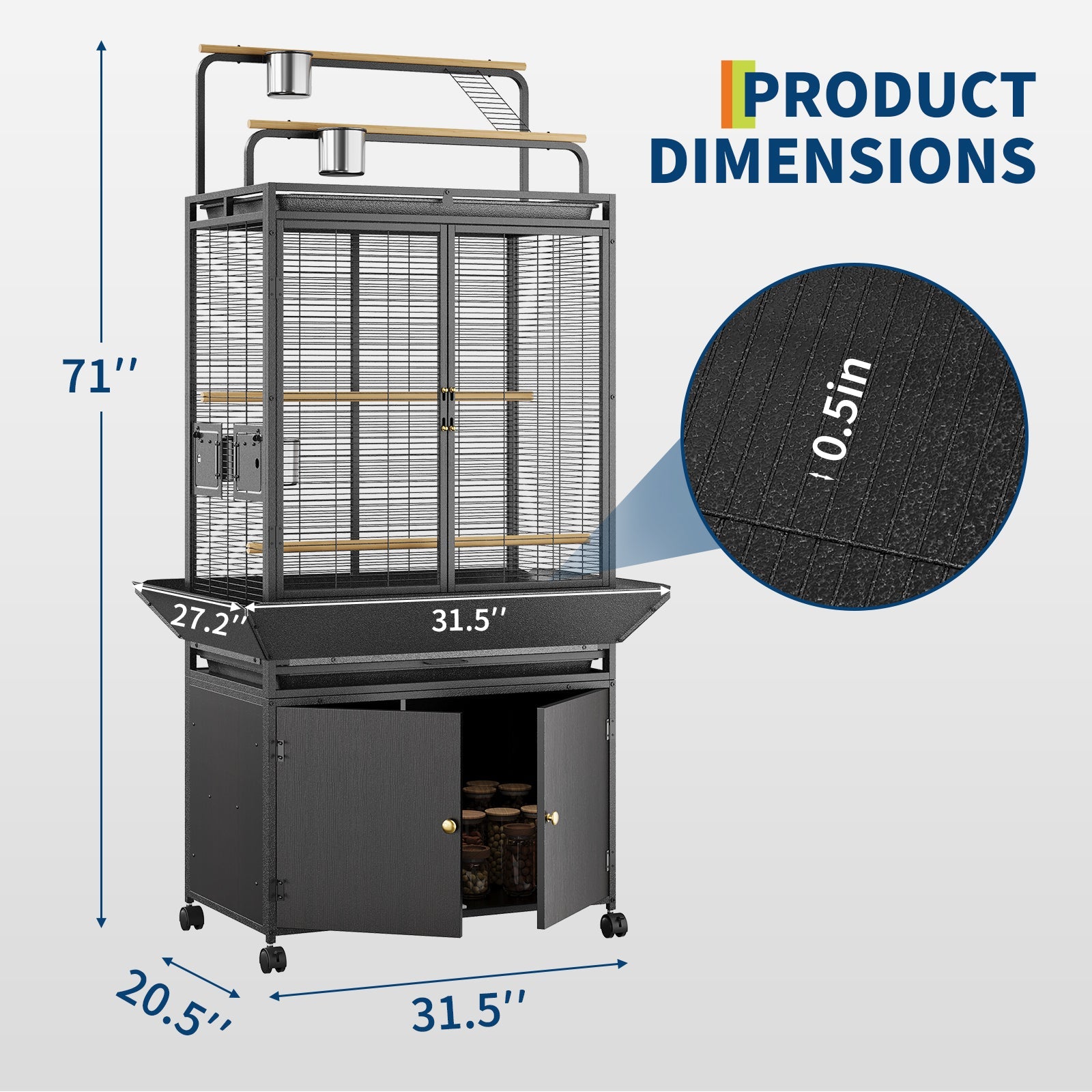 Garvee Large Bird Cage, 71"H Rolling Birdcage with Play Top & Storage Cabinet, Sturdy Metal Flight Cage for Macaw Parakeet Parrot Cockatiel Budgie