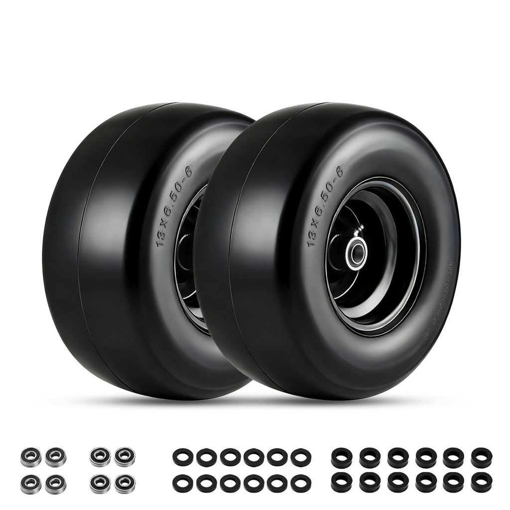 Garvee 2 Pack 13x6.50-6 Flat Free Lawn Mower Tires with 353 LBS Load, Polyurethane, Alloy Steel, Puncture-Proof, 3/4" & 5/8" Bushings for Push Mowers & Garden Carts