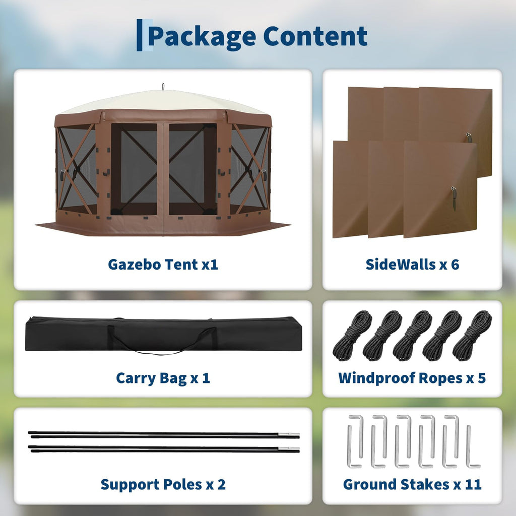 Garvee 13x13 ft Screen Tent with 6 Wind Panels - Instant Setup Outdoor Canopy, Wind & Rain Resistant Shelter with Full Mesh Walls for Camping, Backyard and Garden,Khaki