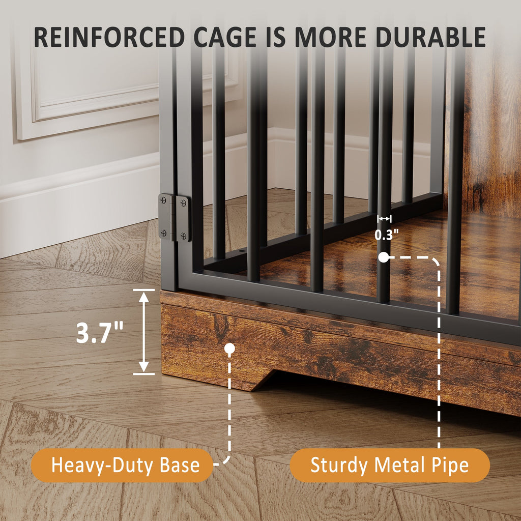 Garvee 48" Dog Crate Furniture with Bowls, Heavy Duty Dog Kennel End Table with 3 Storage Drawers, Locking Door, Farmhouse Style Pet Crate Cabinet for Medium Small Dogs, Retro Brown