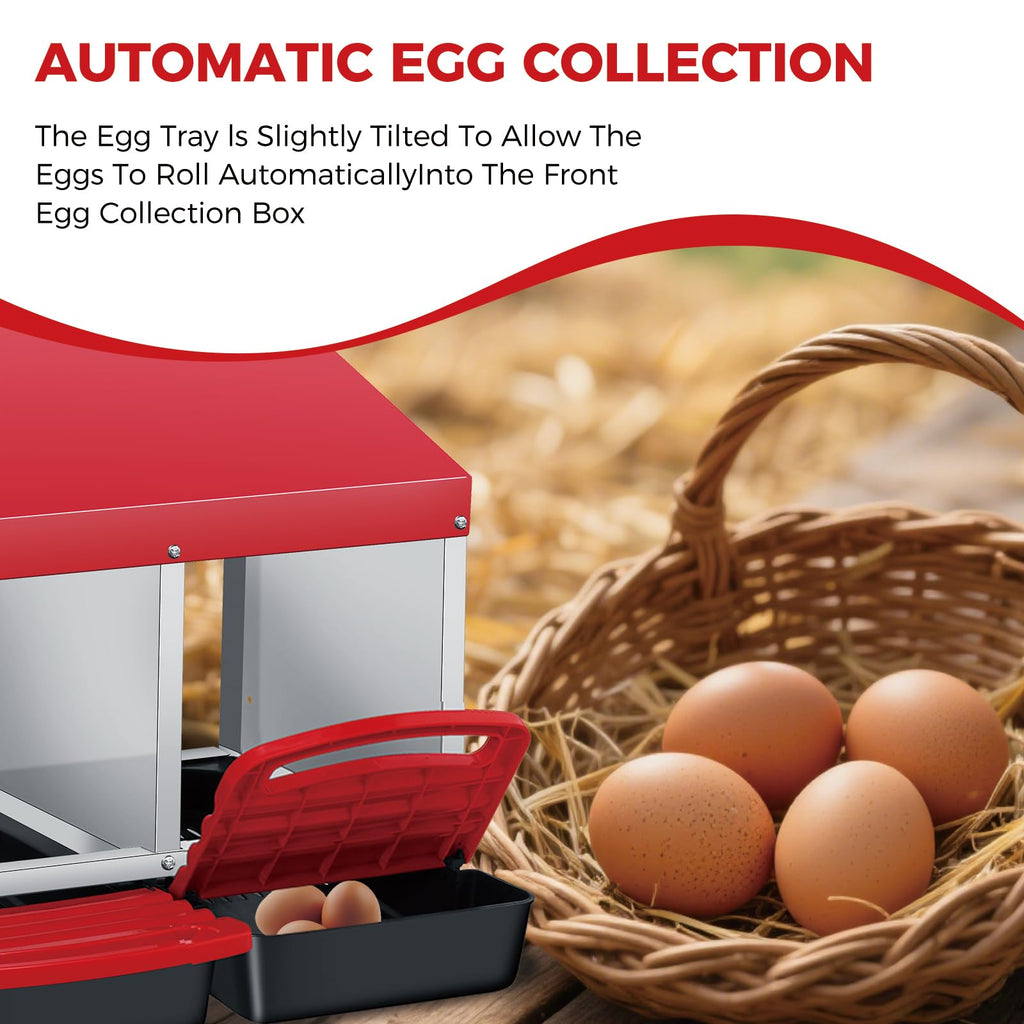 Garvee 3-Compartment Chicken Nesting Box – Automatic Roll-Away Tray & Support Stand, Red