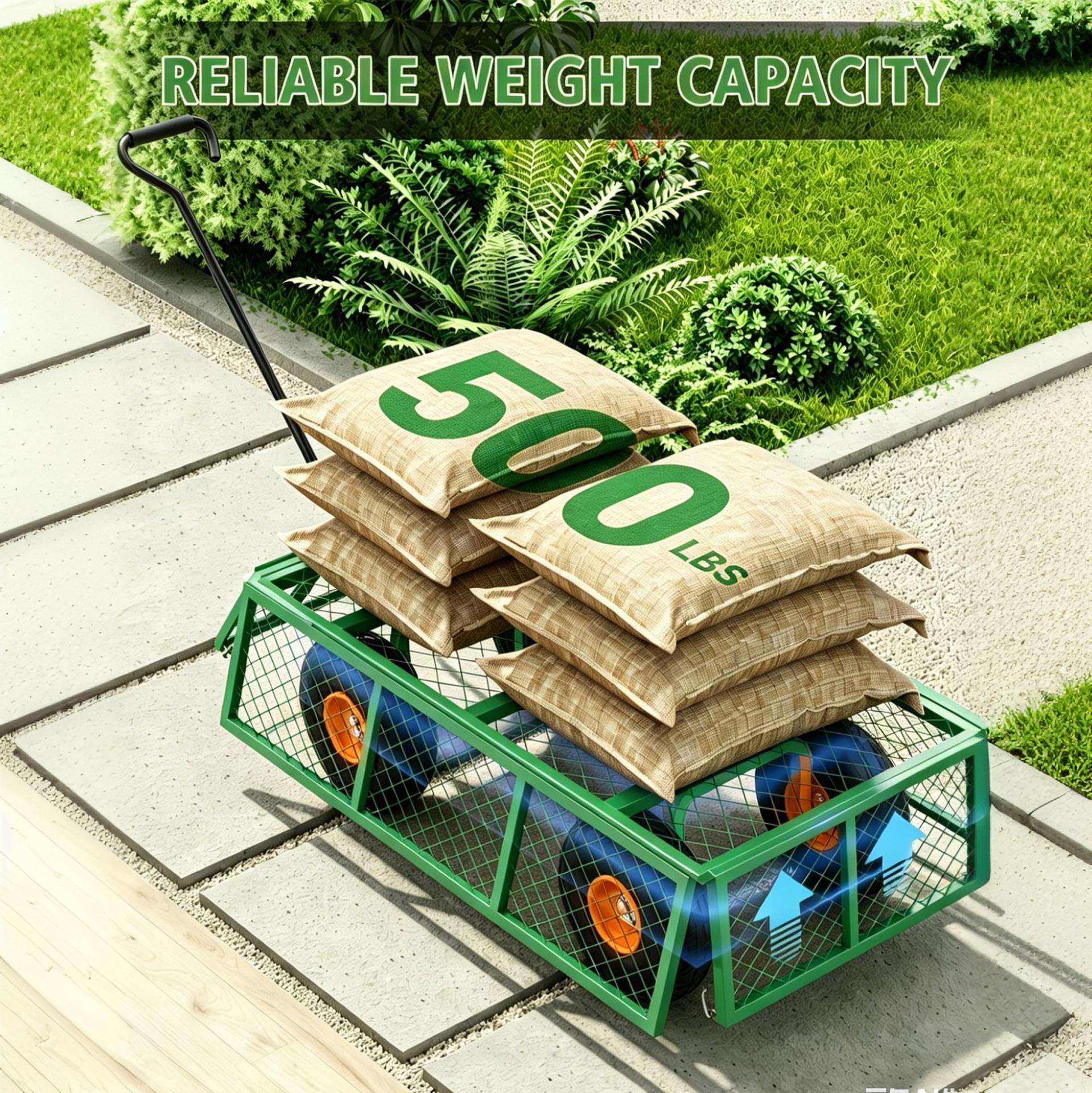 Garvee Green & Orange Steel Garden Cart Wagon, 500 lbs Utility Yard Trolley with Removable Mesh Sides, 10" Wheels & 180° Handle for Lawn Garden Transport
