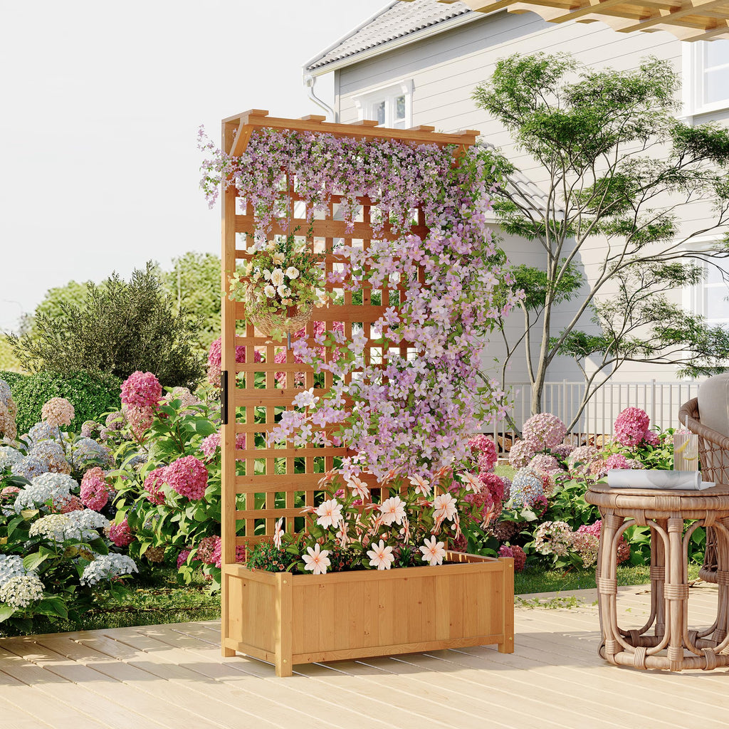 Garvee Raised Garden Bed with Trellis, 35.4" × 17.7" × 71.9" Fir Wood Planter Box with 33" × 17" Growing Bed, 4 Drainage Holes for Climbing Plants, Yellow