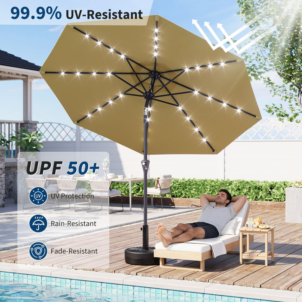 Garvee 10 ft Solar Patio Umbrella with 32 LED Lights, Outdoor Market Umbrella with Crank Lift & Tilt, UV-Resistant Canopy for Pool, Garden & Backyard, Tan