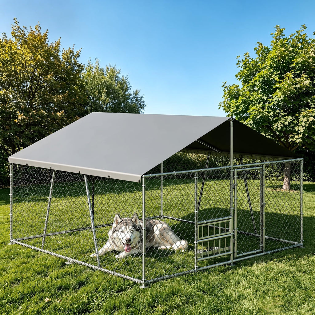 Garvee Large Outdoor Dog Kennel, Heavy Duty Galvanized Metal Wire Dog Cage with Waterproof UV-Resistant Roof, Lockable Door, Rotating Feeder & 2 Stainless Steel Bowls for Backyard Farm, 7.5x7.5x6.6ft