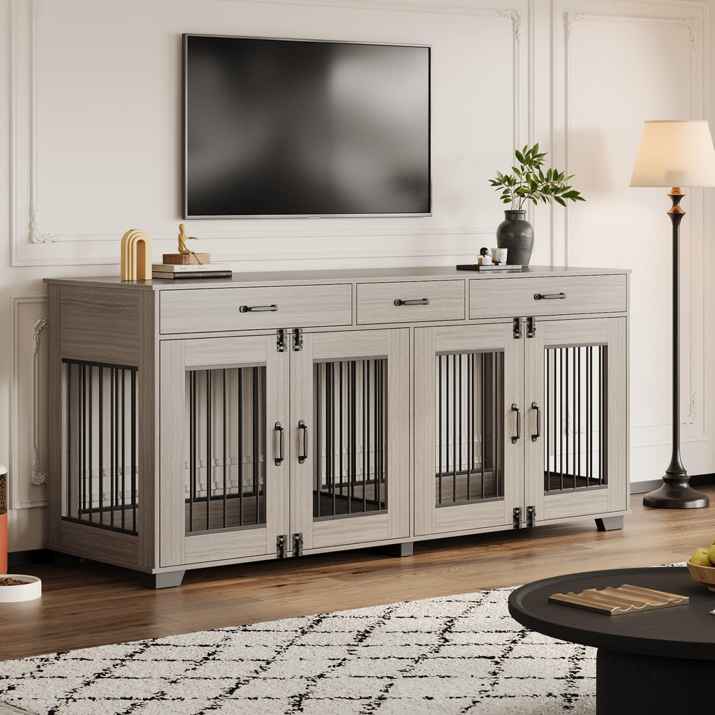 Garvee 71" Large Dual-Room Dog Crate with 3 Drawers, Double Doors, Metal & Wood, Storage & Security, Grey, Indoor Furniture Style