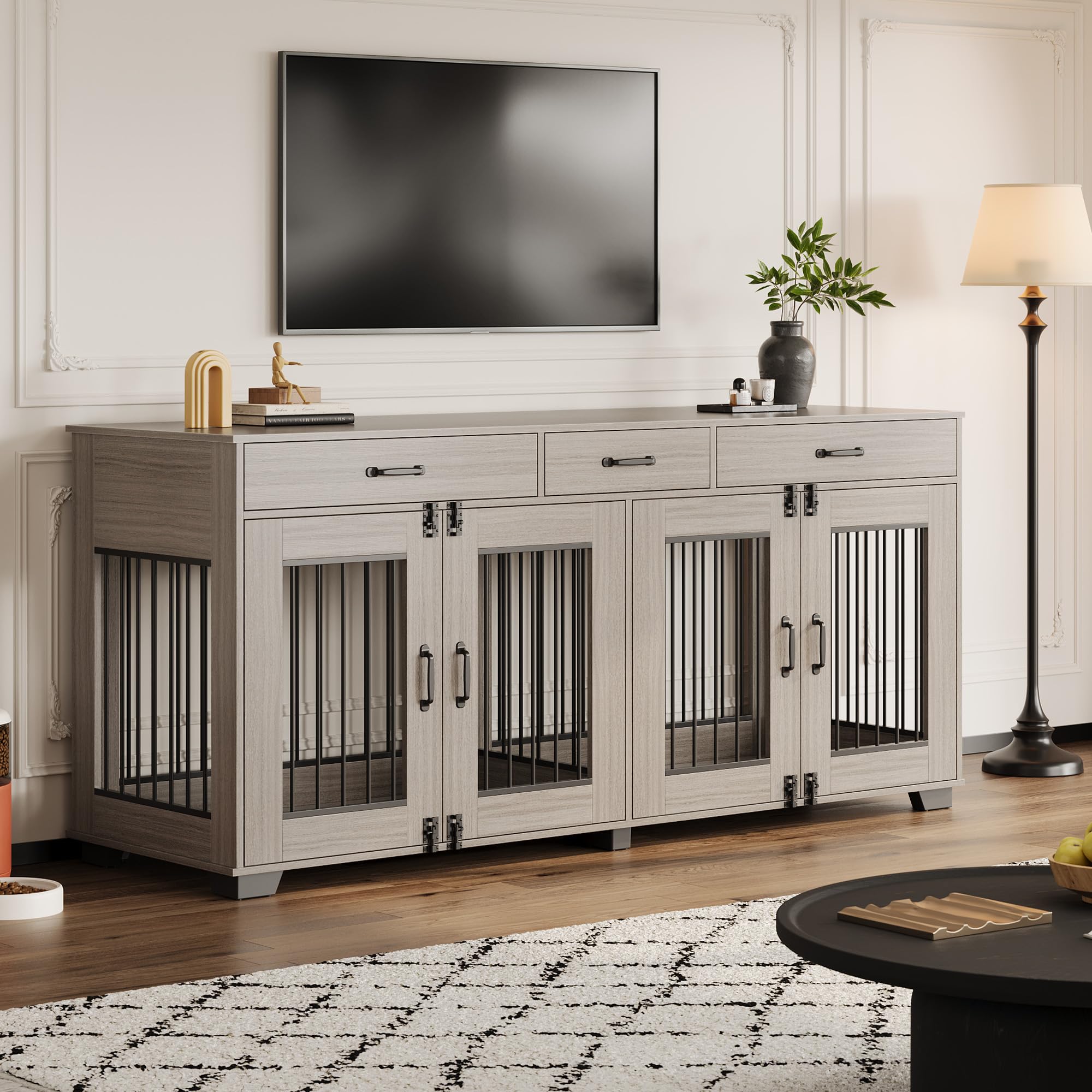 Garvee 71" Large Dual-Room Dog Crate with 3 Drawers, Double Doors, Metal & Wood, Storage & Security, Grey, Indoor Furniture Style