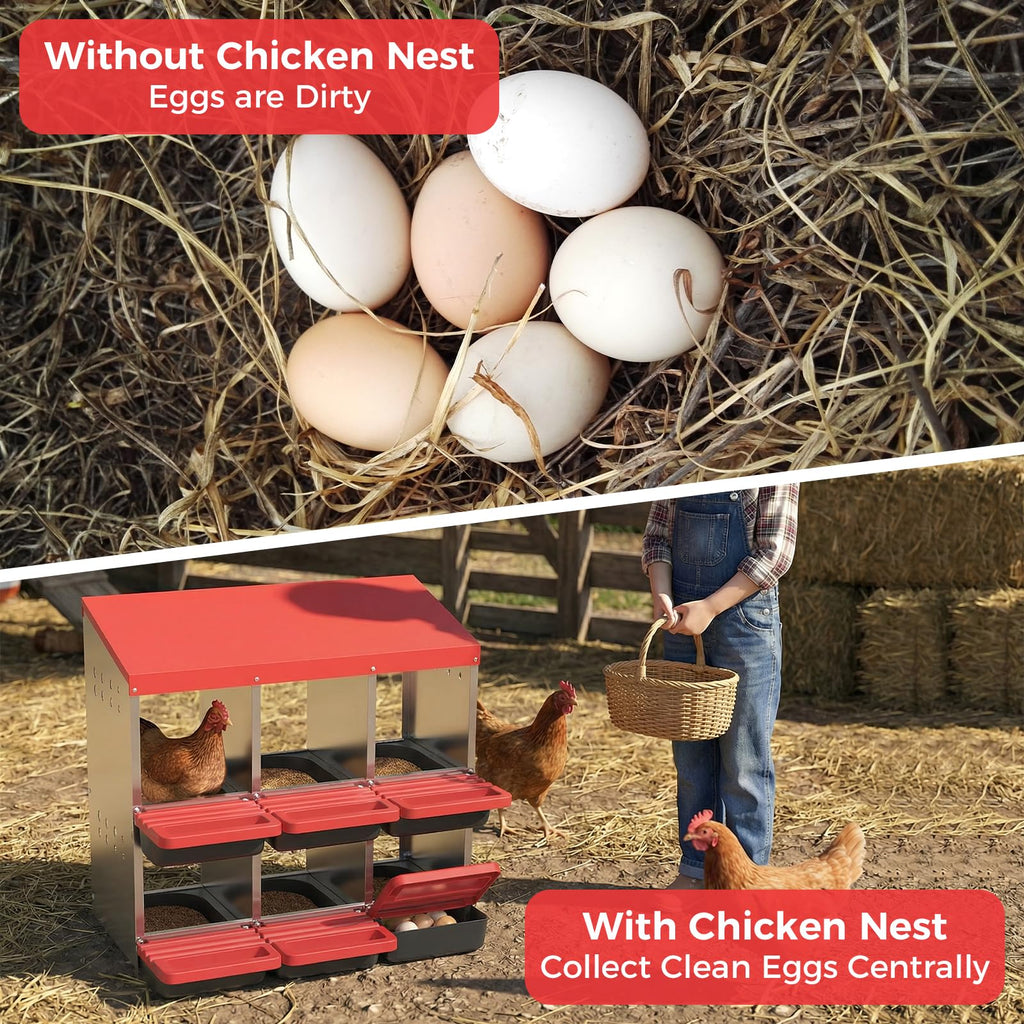 Garvee 6-Hole Metal Chicken Nesting Box, Roll Away Poultry Laying Box with Sloped Anti-Perch Roof, 31.9"x20.5"x31.1", Red