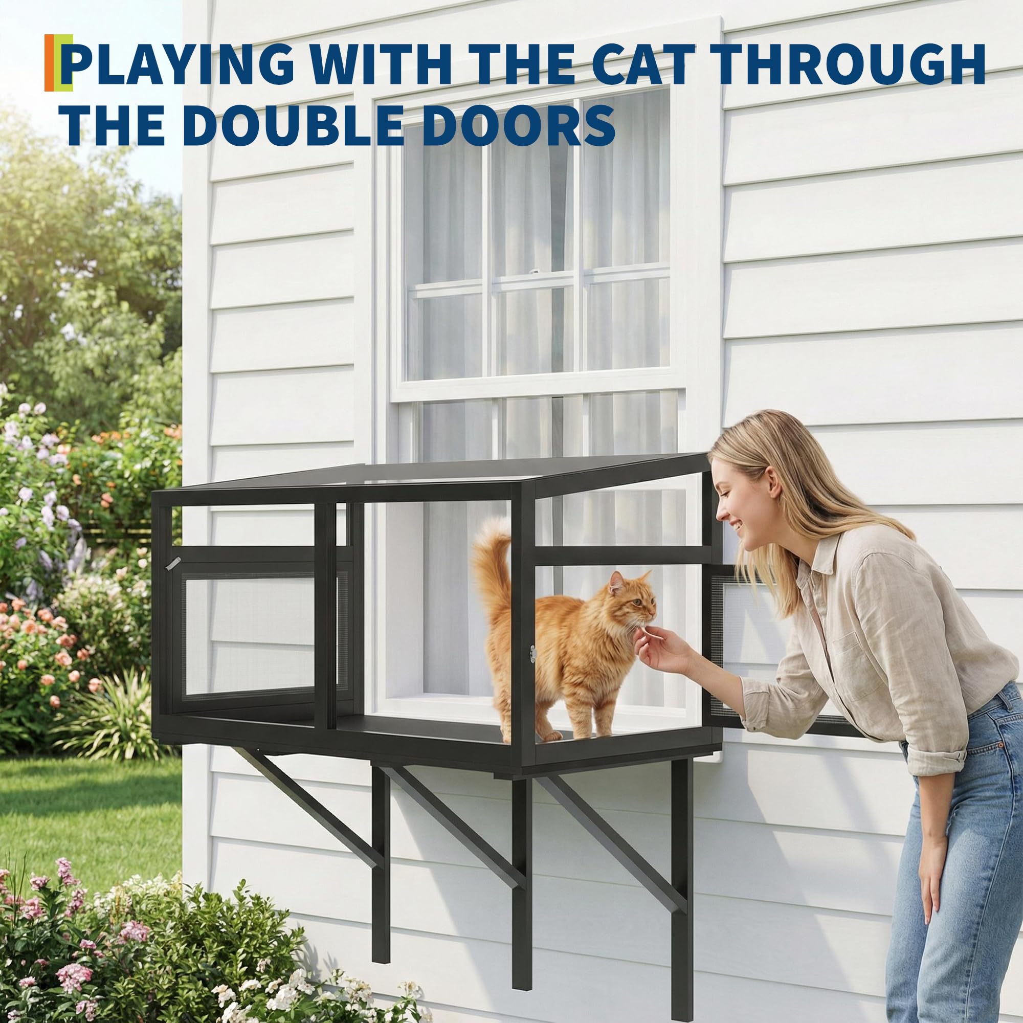 Garvee Cat Window Box Enclosure, Weatherproof Catio Windows Enclosure for Sunbathing, Birdwatching & Napping, Large Cats Window Perch for Sunbathing & Birdwatching