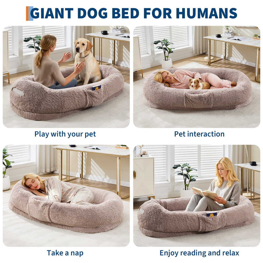 Garvee Orthopedic Memory Foam Dog Bed for Adults & Pets – Oversized Bean Bag Sofa, Washable Faux Fur Cover, Side Pocket, Waterproof, Calming Nap Couch for Living Room or Bedroom – Light Brown