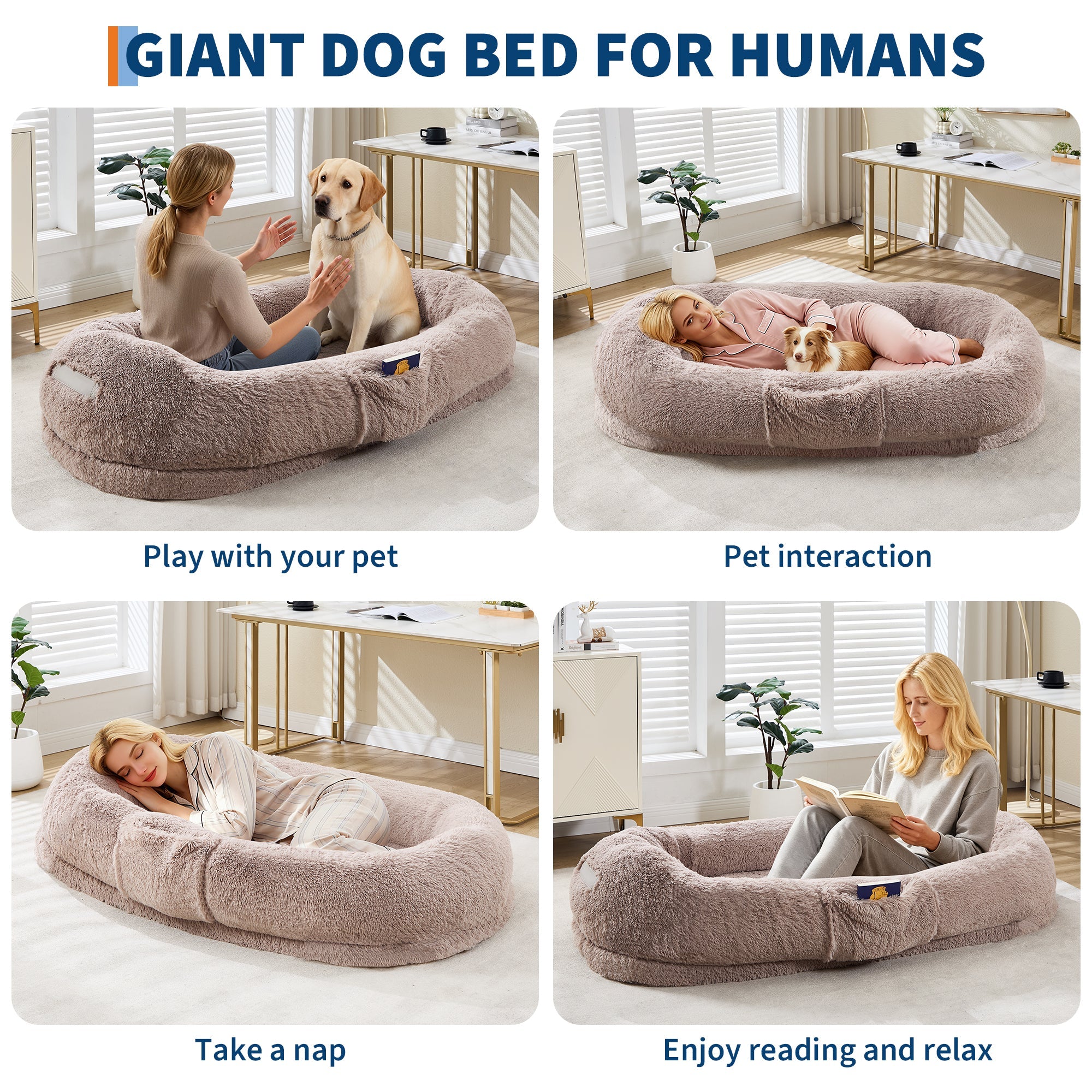 Garvee Orthopedic Memory Foam Dog Bed for Adults & Pets – Oversized Bean Bag Sofa, Washable Faux Fur Cover, Side Pocket, Waterproof, Calming Nap Couch for Living Room or Bedroom – Light Brown