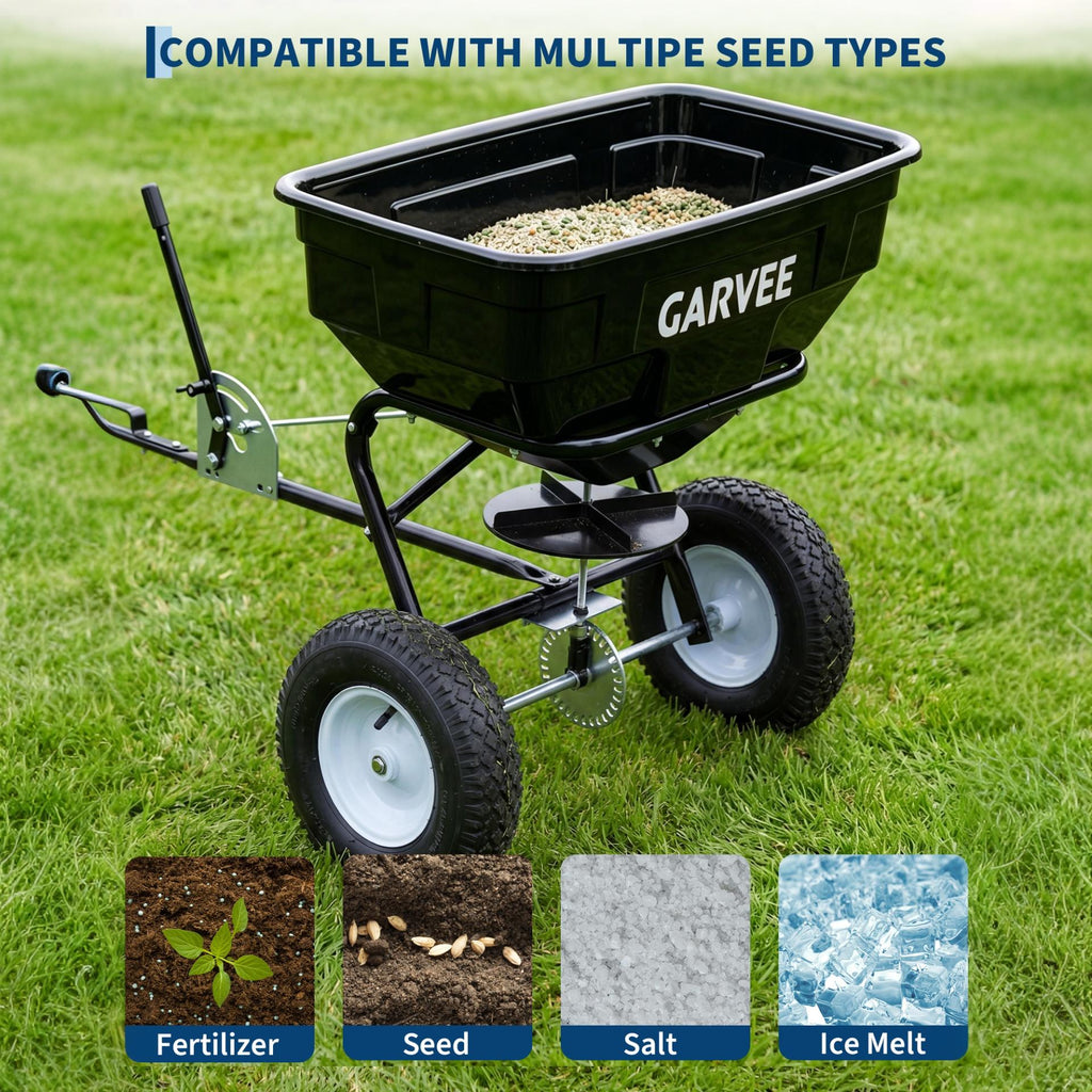 Garvee 130 lb Tow-Behind Broadcast Spreader, Heavy-Duty Lawn & Garden Spreader with 0–12 ft Coverage, Universal Hitch, 13" Pneumatic Tires & 20-Level Flow Control for ATV, UTV & Riding Mower, Black