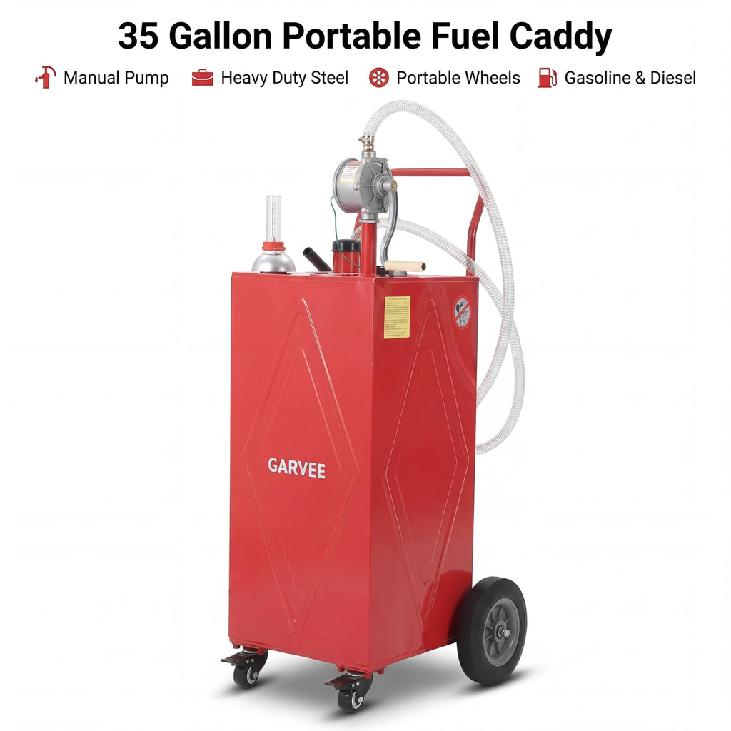 Garvee 35 Gallon Portable Fuel Caddy – Manual Rotary Pump, Heavy-Duty Steel Gas & Fuel Transfer Tank, 4 All-Terrain Wheels, Mobile Refueling for Trucks, Boats, ATVs, Lawn Mowers, Farm Equipment – Reinforced 4-wheeler - Red - Li Junjie