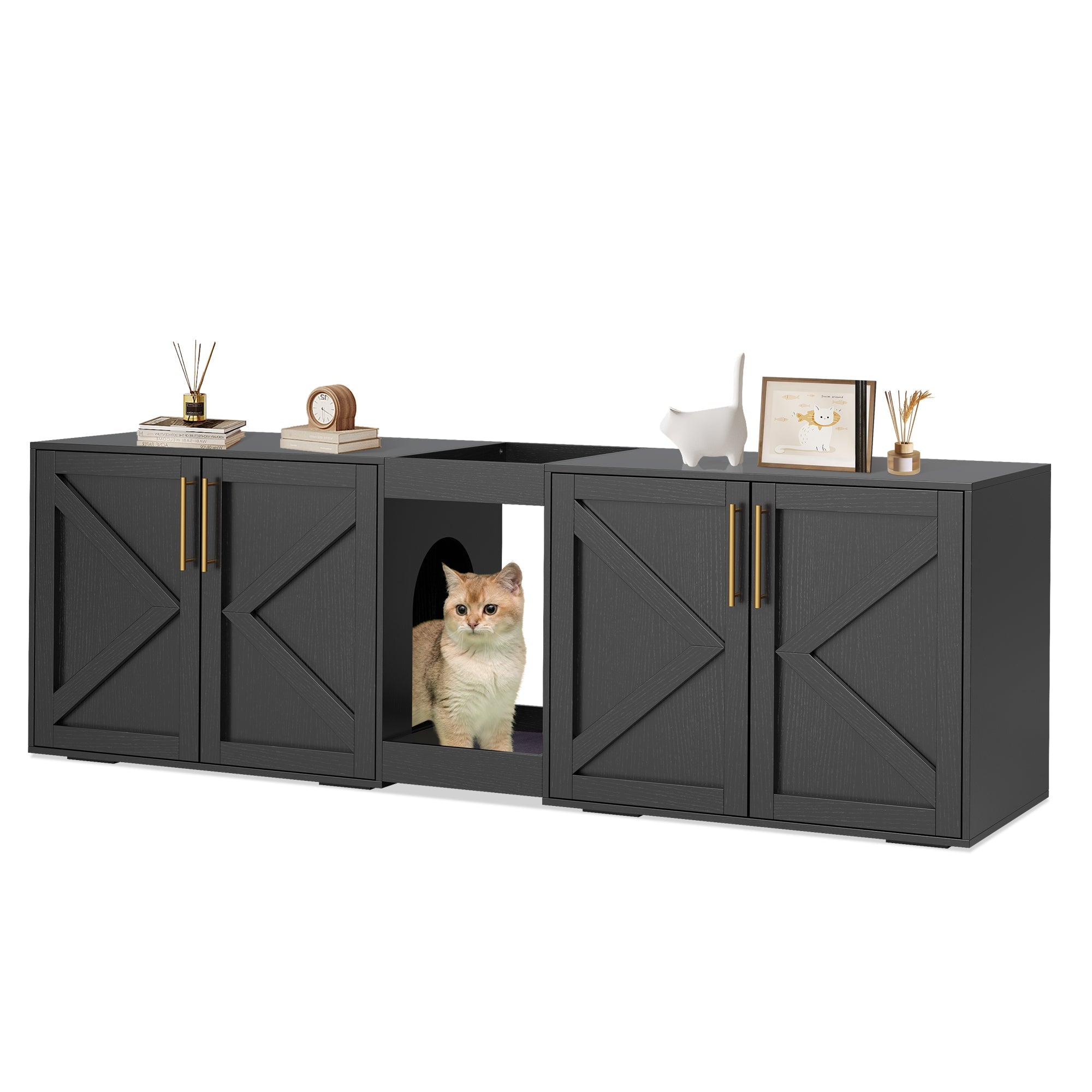 Garvee Modern Double Room Cat Litter Box Enclosure - Large Hidden Wooden Cat Washroom Cabinet for 2 Cats with Storage Shelf, Soft Cushion, End Table TV Stand - Catnip Toy Compatible - Black