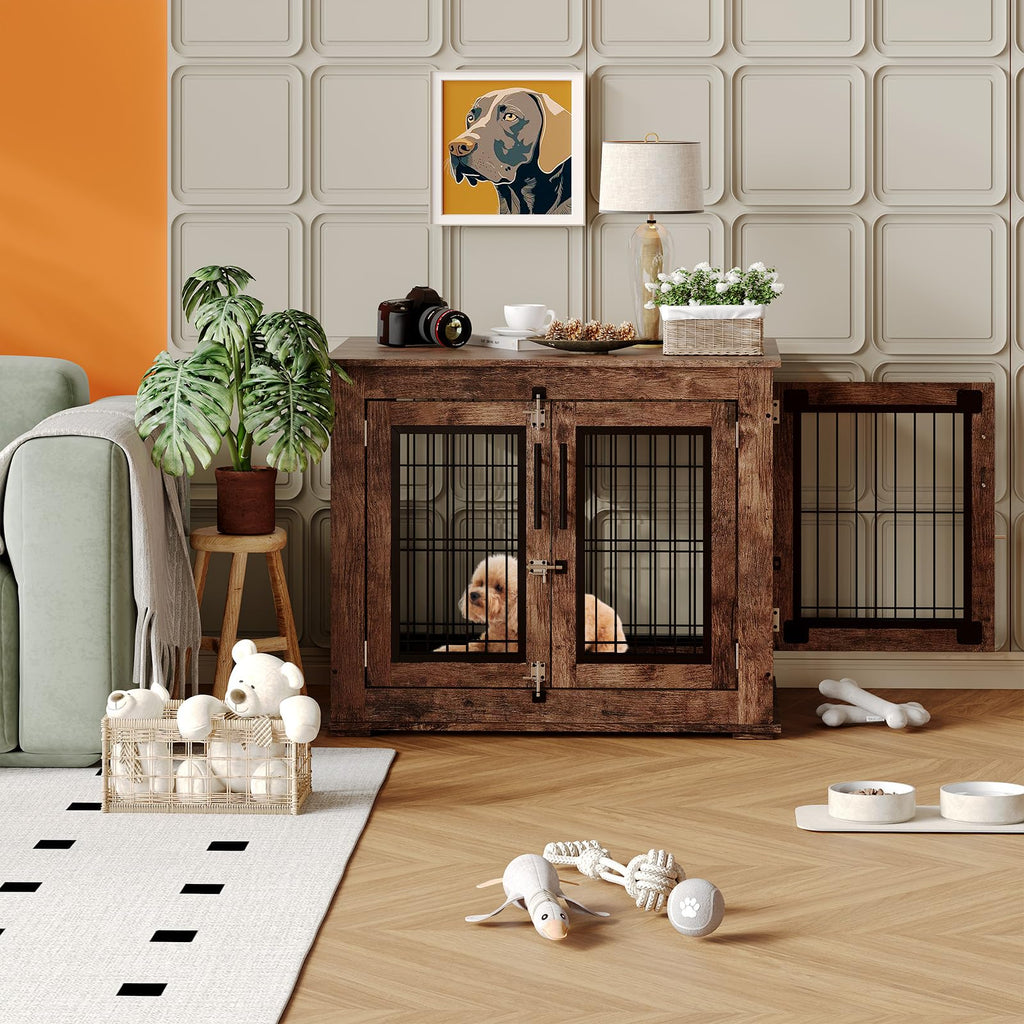 Garvee Medium Farmhouse Dog Crate Furniture End Table, Heavy Duty Wooden Kennel Cabinet with Double Doors for Small/Medium Dogs, Chew-Resistant Indoor Dog House Console for Living Room
