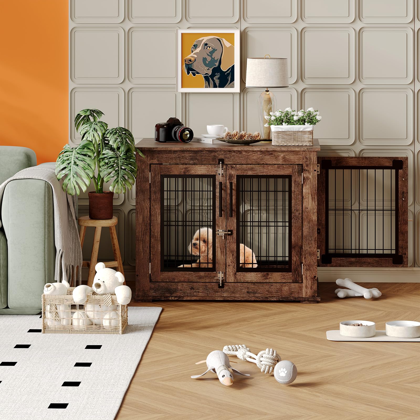 Garvee Medium Farmhouse Dog Crate Furniture End Table, Heavy Duty Wooden Kennel Cabinet with Double Doors for Small/Medium Dogs, Chew-Resistant Indoor Dog House Console for Living Room