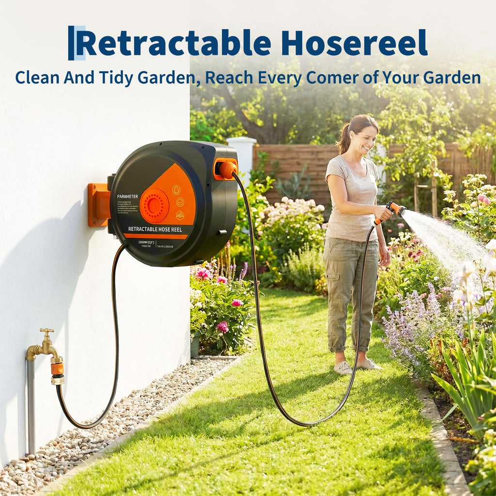 Garvee 1/2" × 65 FT Retractable Garden Hose Reel, Wall-Mounted with 10-Pattern Spray Nozzle, 180° Swivel Bracket, Slow Auto Rewind and Any-Length Lock