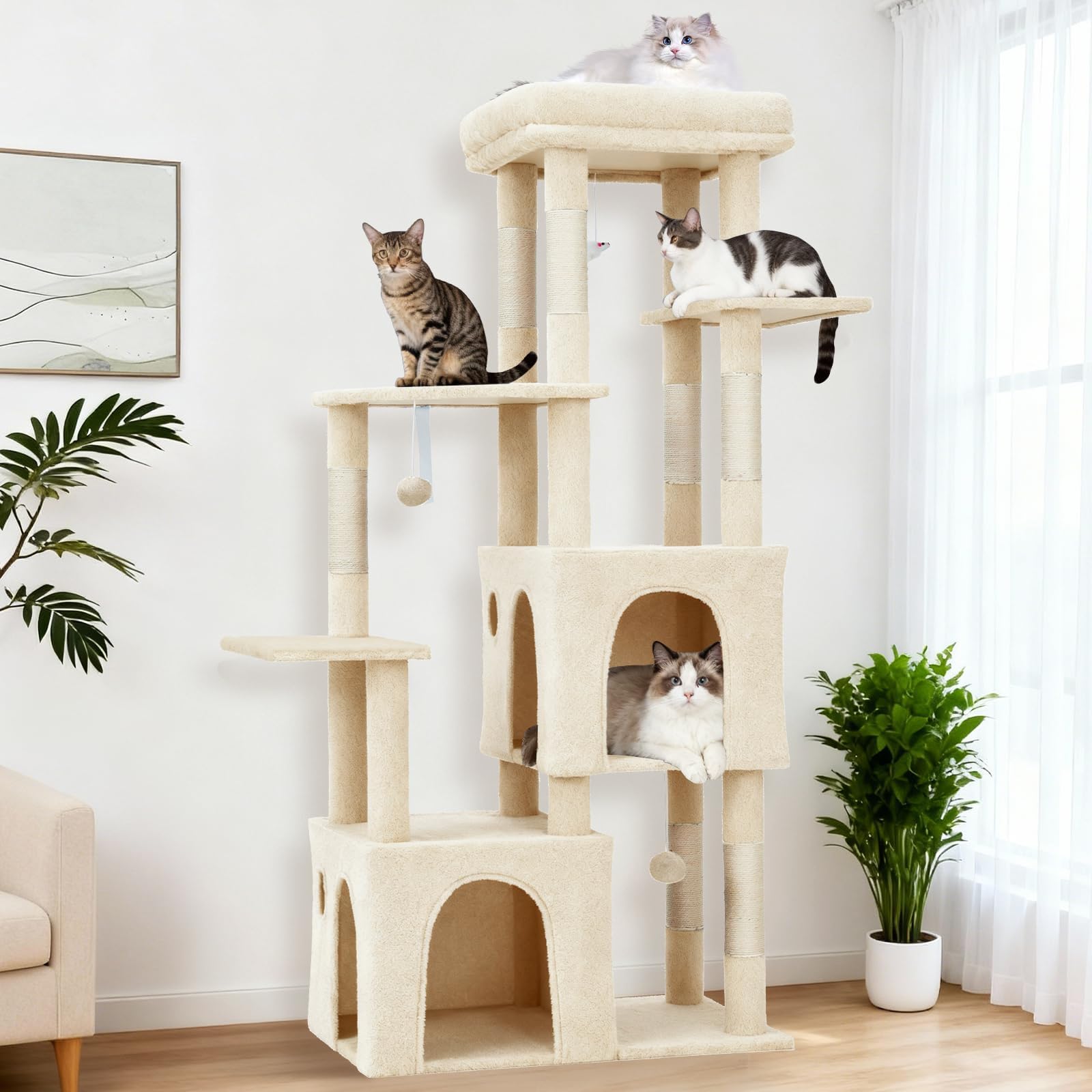 Garvee 61" Multi-Level Cat Tree for Indoor Cats, Heavy-Duty Tower for Large Adult & Maine Coon Cats with Oversized Perch, Dual Condos, Natural Sisal Scratching Posts & Play Toys – Beige