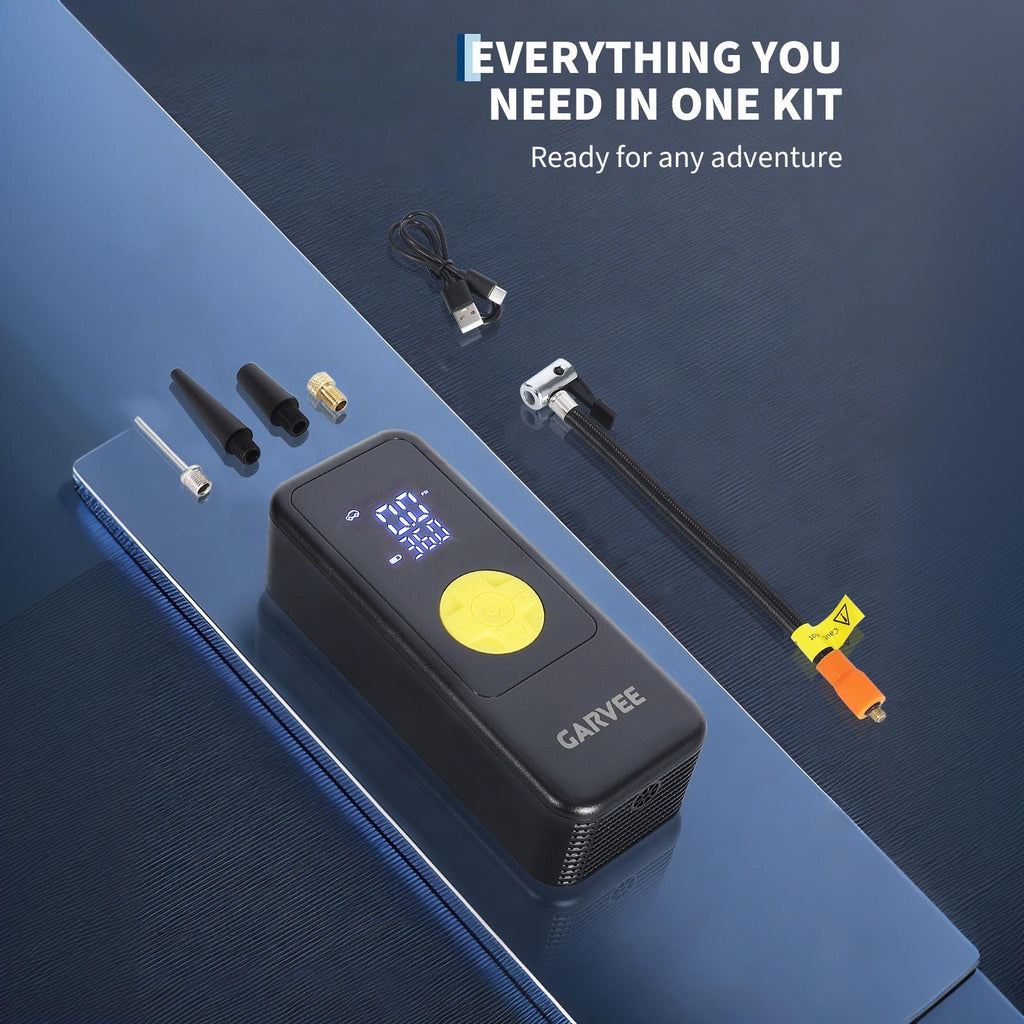 Garvee 150PSI Wireless Tire Inflator Air Compressor – Digital Pressure Gauge, Auto Shut-Off, Type-C Charging, LED Light, Rechargeable Battery – Car, Motorcycle, Two-wheeler, Sports Balls – Bright Yellow - US Standard
