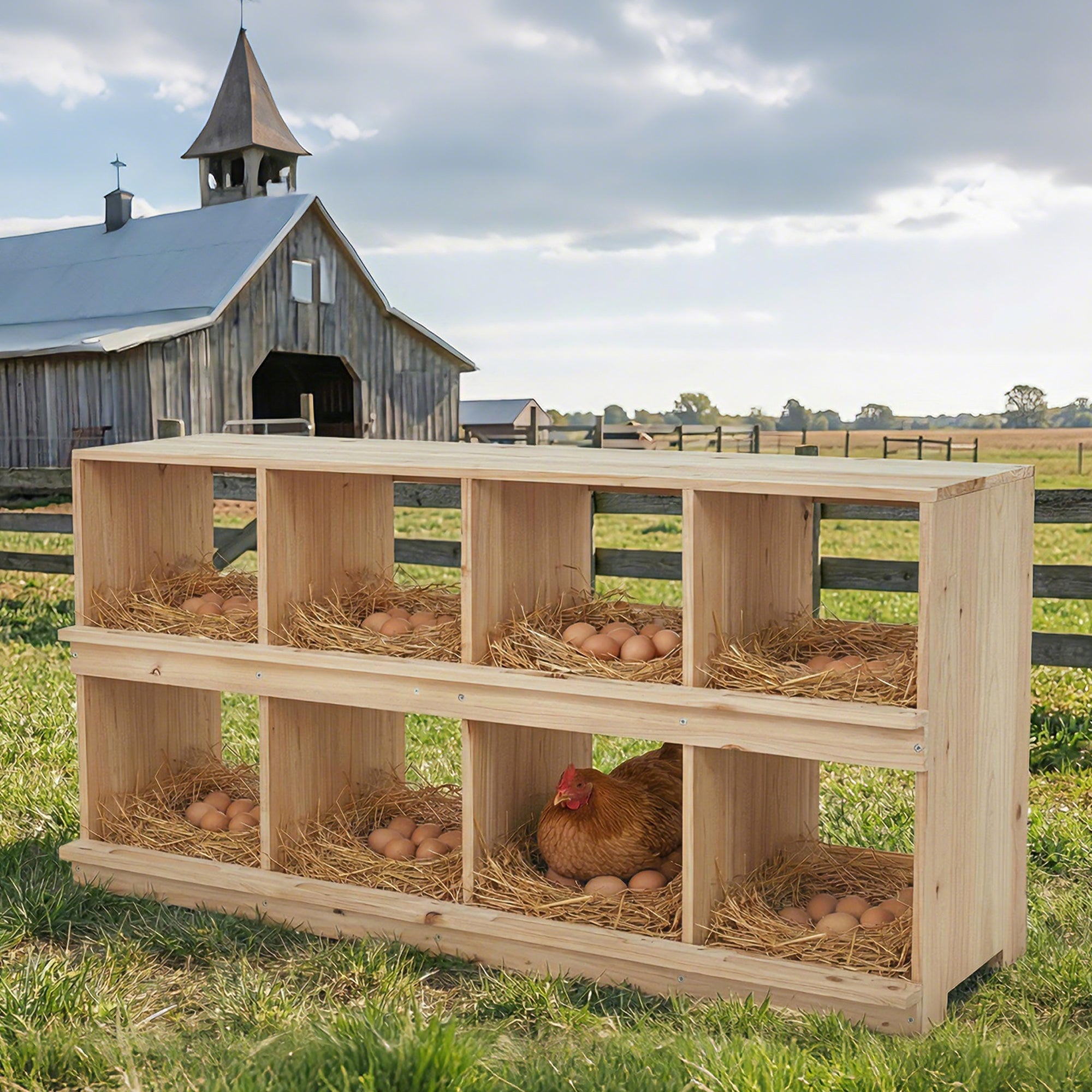 Garvee Wooden Chicken Nesting Box, Double Layer for Poultry Coops – 8-Compartment, 2-Tier – Wall-Mounted or Floor-Standing – Heavy Duty with Perch – Easy Egg Collection – Egg-Roll-Proof Design – For Hens, Ducks, Backyard & Poultry Farms – Specs: Double