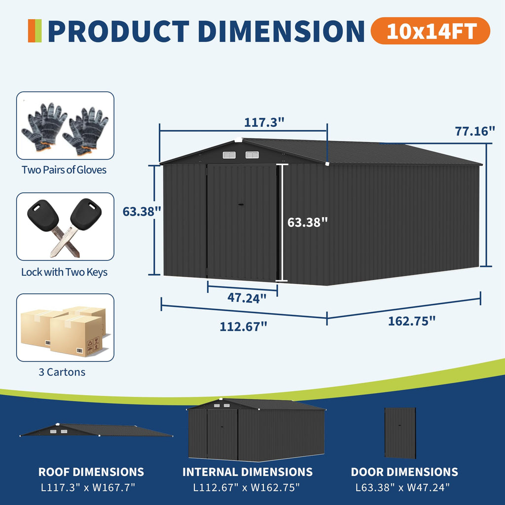 Garvee 10x14 Ft Metal Outdoor Storage Shed, Galvanized Garden Tool Shed with Lockable Doors, Air Vents & Sloped Roof, Gray Backyard Storage for Patio, Lawn & Garden
