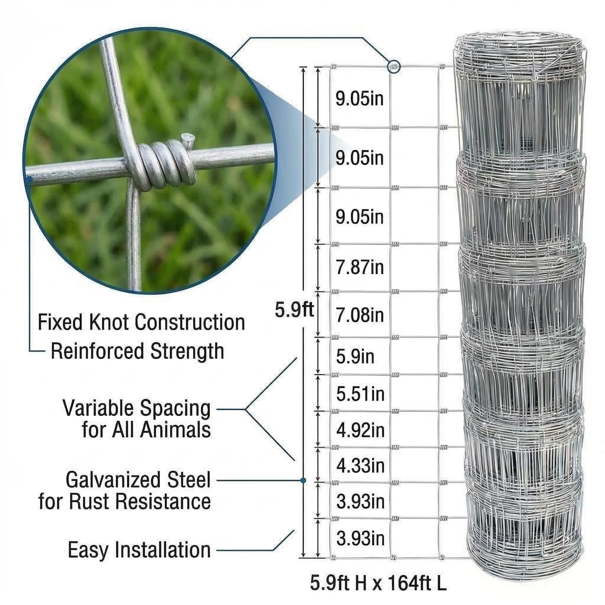 Garvee 5.9ft x 164ft Galvanized Cattle Fence, Fixed Knot Livestock Wire Fence, Heavy Duty Field Fence for Cattle Sheep Pig Deer, Rust Resistant Farm Fence for Pasture Garden