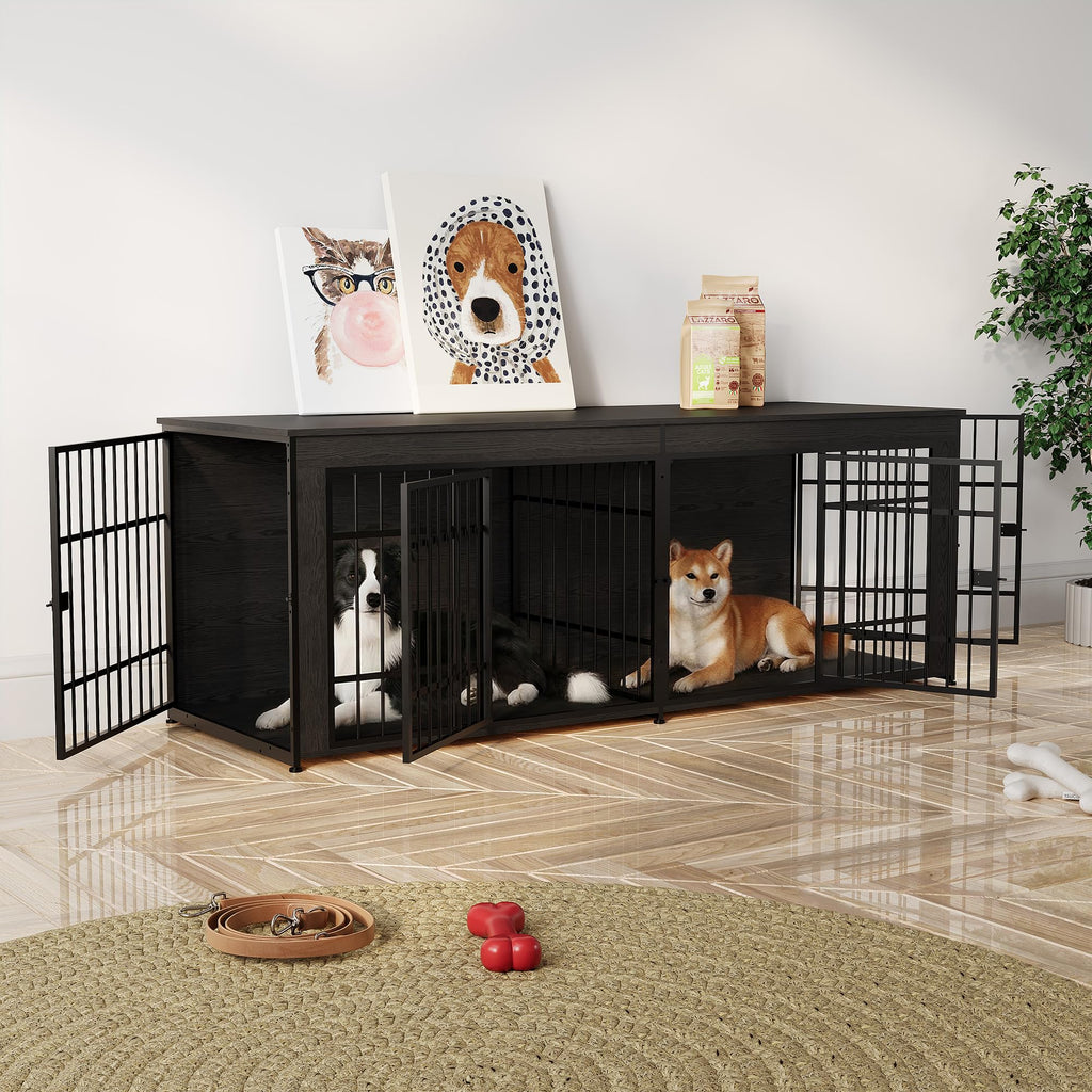 Garvee Heavy Duty Wooden Dog House Furniture – Large 3-in-1 Kennel, 4 Doors, Storage, End Table Style, Adjustable Feet, Vintage Gray, 6.6ft