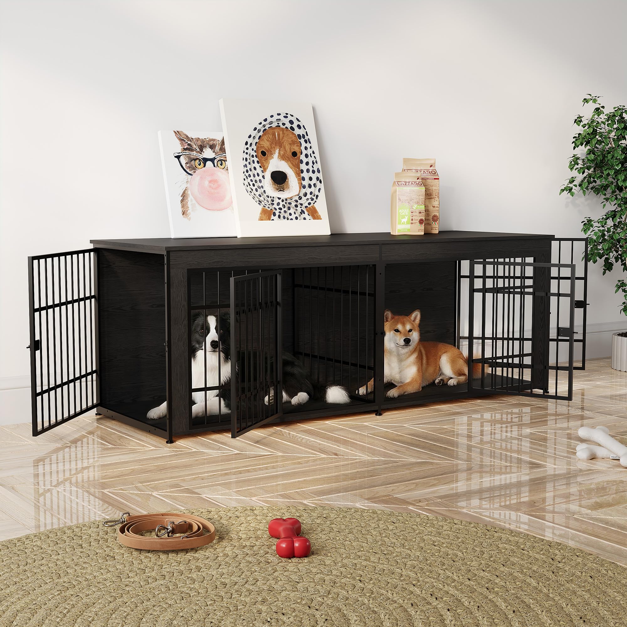 Garvee Heavy Duty Wooden Dog House Furniture – Large 3-in-1 Kennel, 4 Doors, Storage, End Table Style, Adjustable Feet, Vintage Gray, 6.6ft