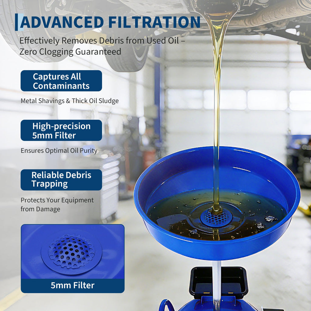 Garvee 8 Gallon Portable Air-Operated Waste Oil Drainer with Adjustable 15" Funnel, Heavy-Duty Steel, Casters, Toolbox - Garage & Repair Shop Use, Blue