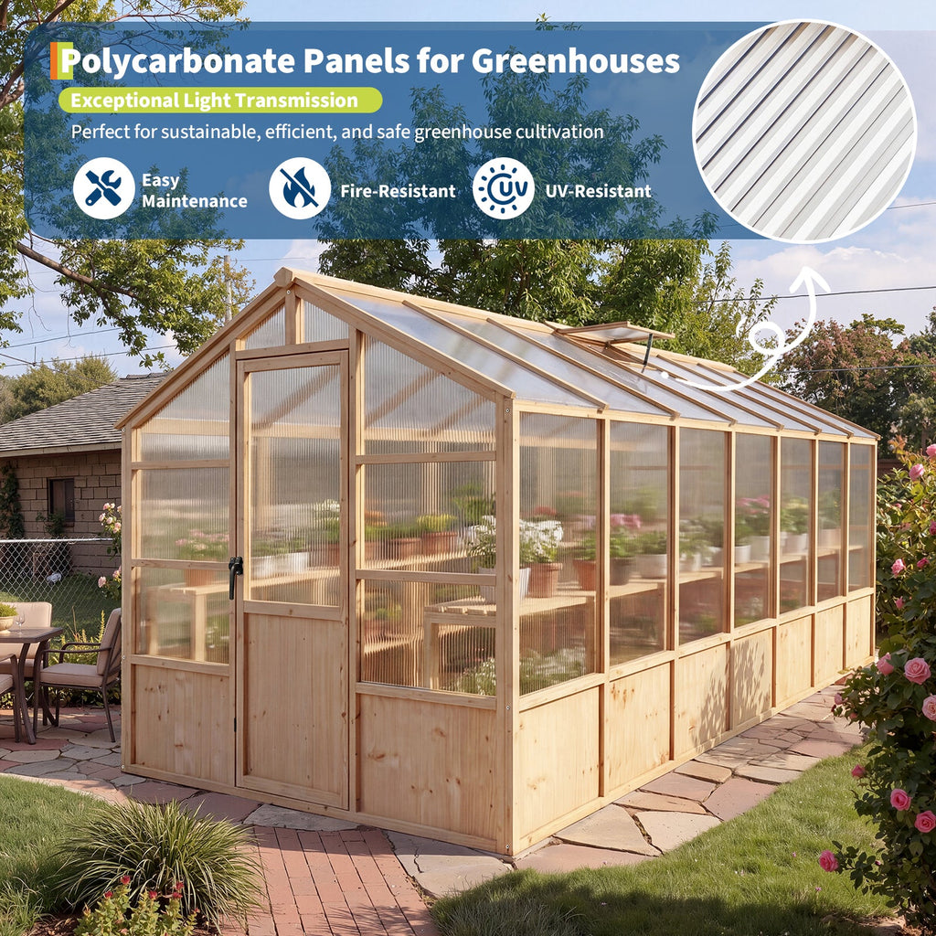 Garvee 8' x 14' Wooden Walk-In Greenhouse Kit, Outdoor Green House with Natural Spruce Wood Frame, Polycarbonate Panels, Ventilated Windows & Lockable Door for Garden, Backyard, Patio & Lawn
