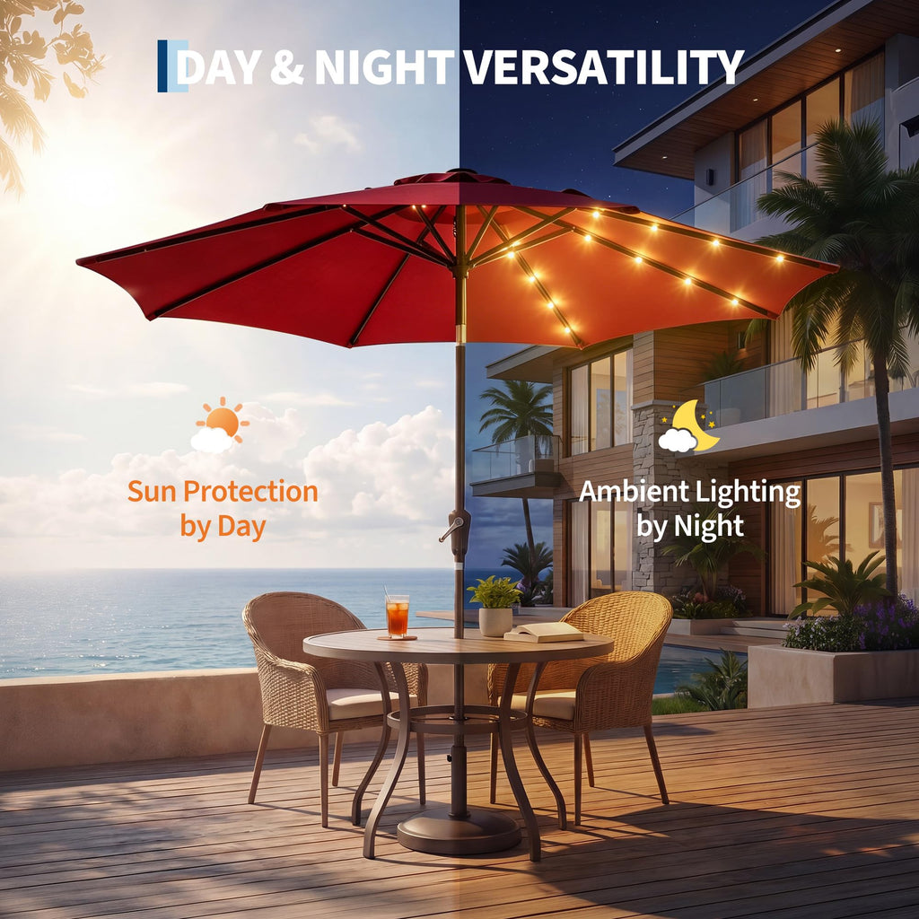 Garvee 9 FT Solar LED Patio Umbrella, Outdoor Market Table Umbrella with Tilt & Crank, 32 Lights, 8 Iron Ribs, UV Sun Shade for Garden, Deck & Pool, Red