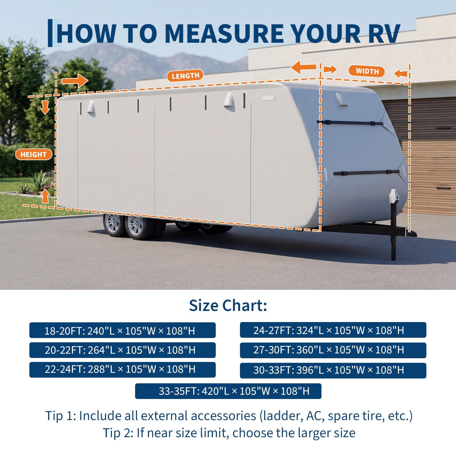 Garvee 27-30FT Heavy-Duty Trailer Cover for Campers, 4-Ply Oxford RV Cover with Waterproof Roof, Breathable Side Vents, UV Protection, Tie-Down Straps, Zipper Access, Tire Covers, and Storage Bag, Grey