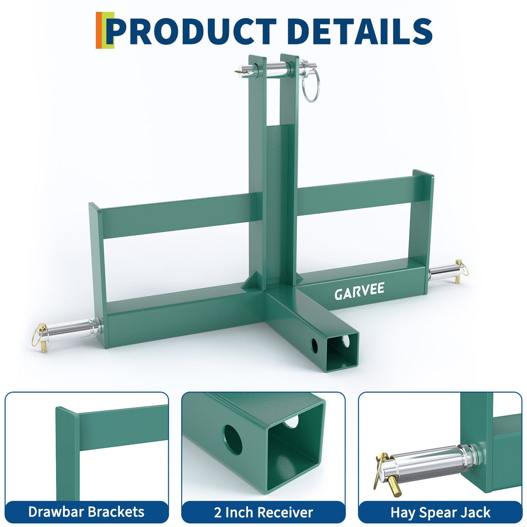 Garvee Robust 3 Point Trailer Hitch Receiver for Tractor – 2" Category 1 Quick Hitch Drawbar Adapter – Includes Suitcase Weight Brackets – Green