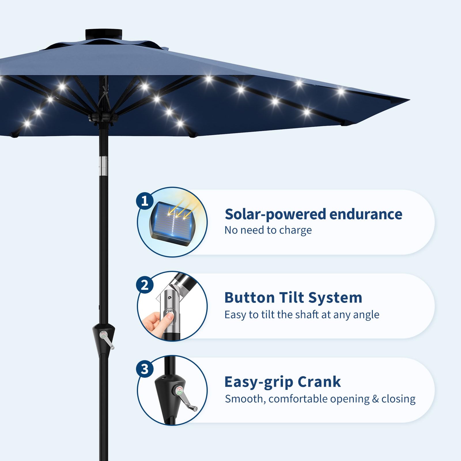Garvee 10 ft Solar Patio Umbrella with 32 LED Lights, Outdoor Market Umbrella with Crank Lift & Tilt, UV-Resistant Canopy for Pool, Garden & Backyard, Navy Blue
