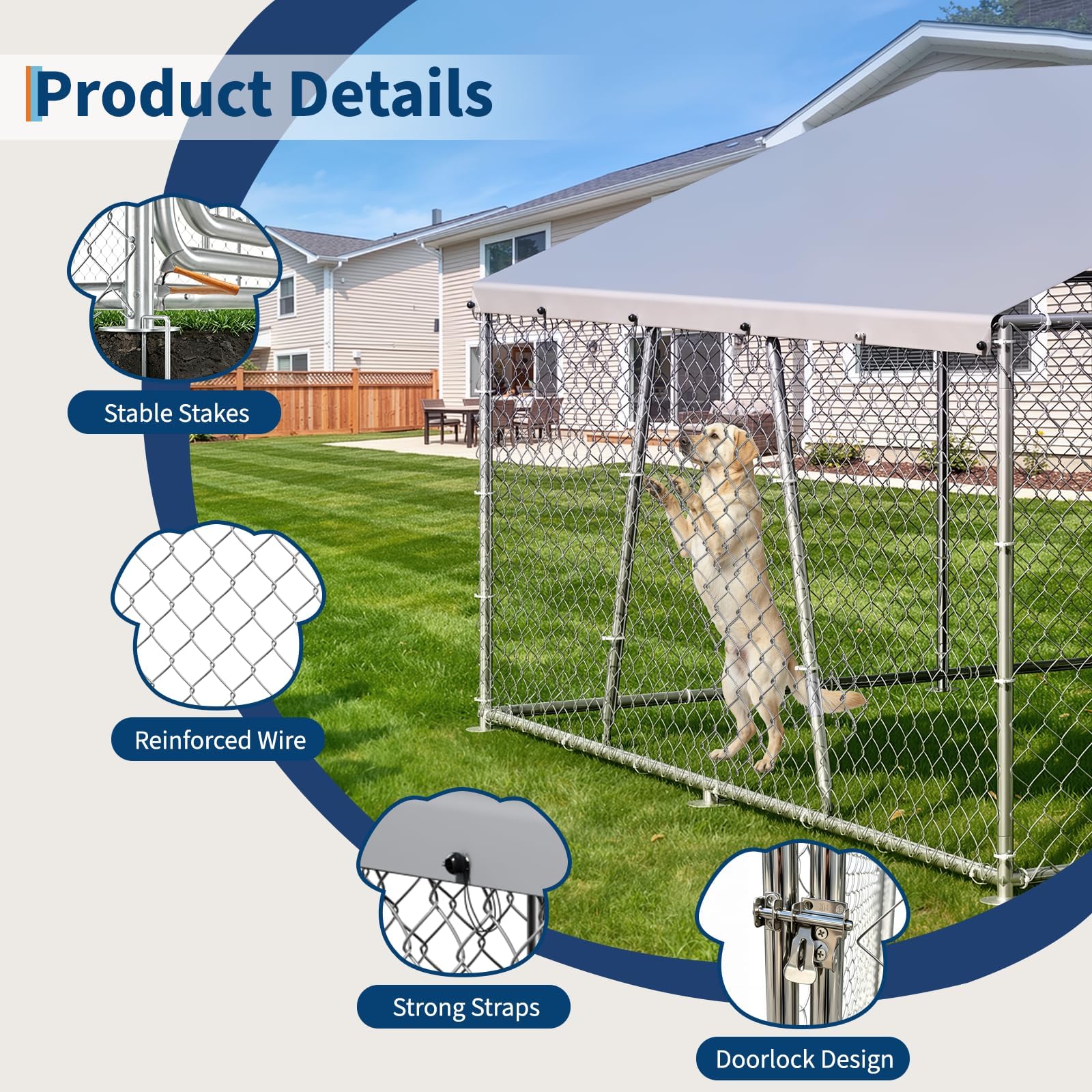 Garvee Large Outdoor Dog Kennel, Heavy Duty Metal Dog Run with Waterproof UV-Resistant Roof, Lockable Door & Rotating Feeder, 7.5×7.5×5.4 ft