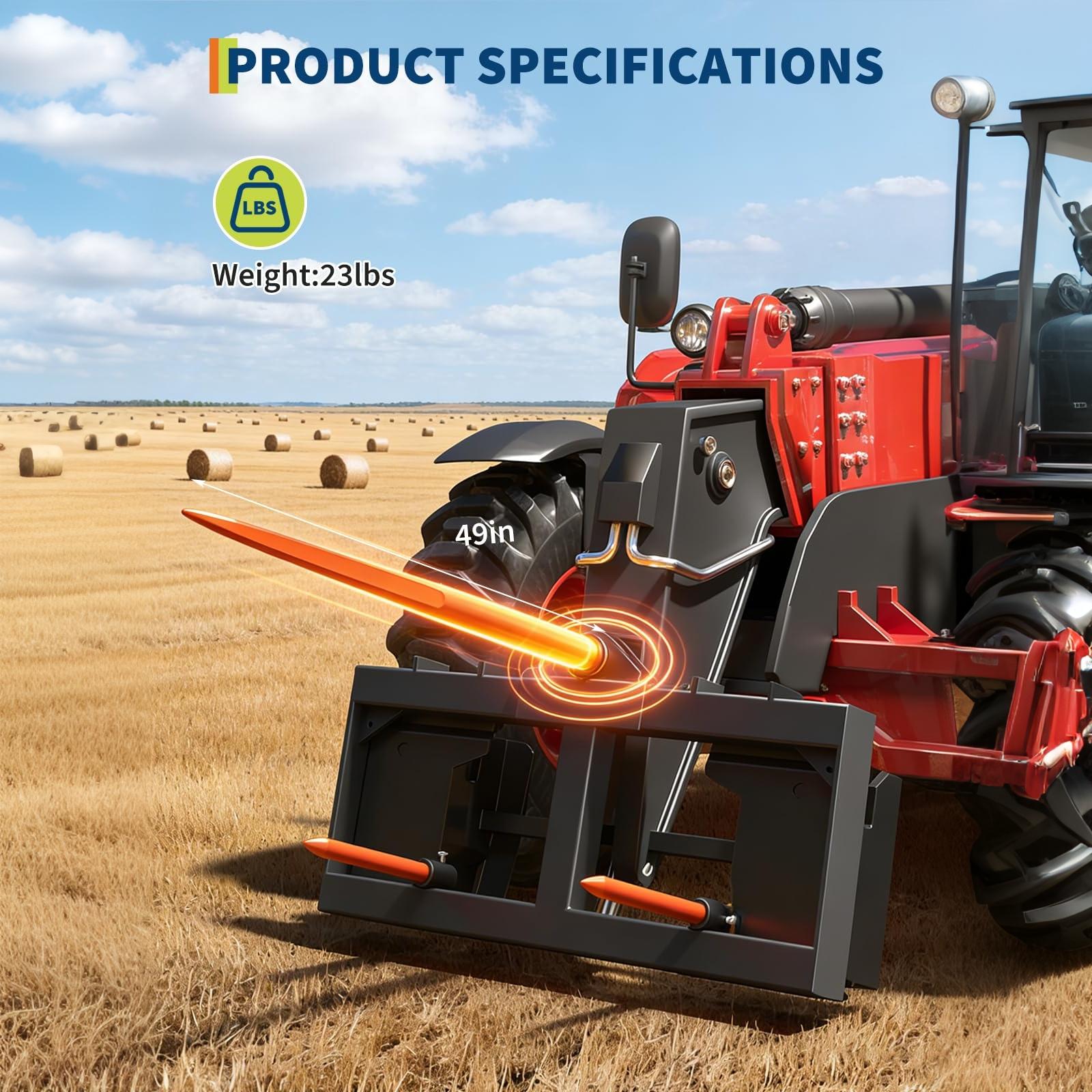 Garvee Efficient Bale Loading – 49" Hay Spear, 3000 lbs Capacity, Quick Attach Square Bale Spike, Heavy Duty Orange Fork with Tapered Tip – Without Sleeve – Orange
