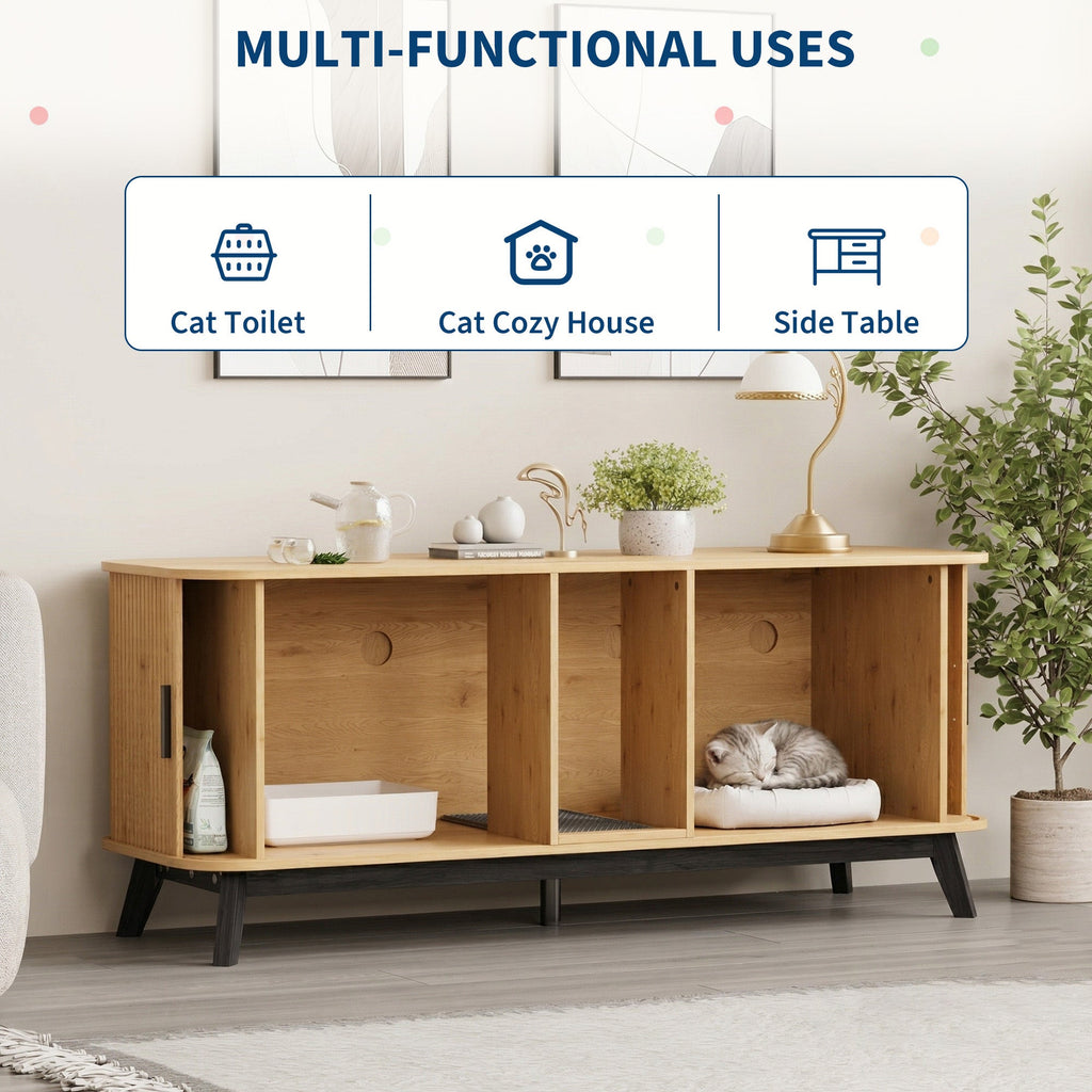 Garvee Multi-Functional Cat Litter Box Enclosure for 2 Cats, 59" Large Wooden Pet House - Hidden Litter Box Furniture - Sliding Door Access - Cat Litter Mat Included - TV Stand Side Table - Color: Natural Wood