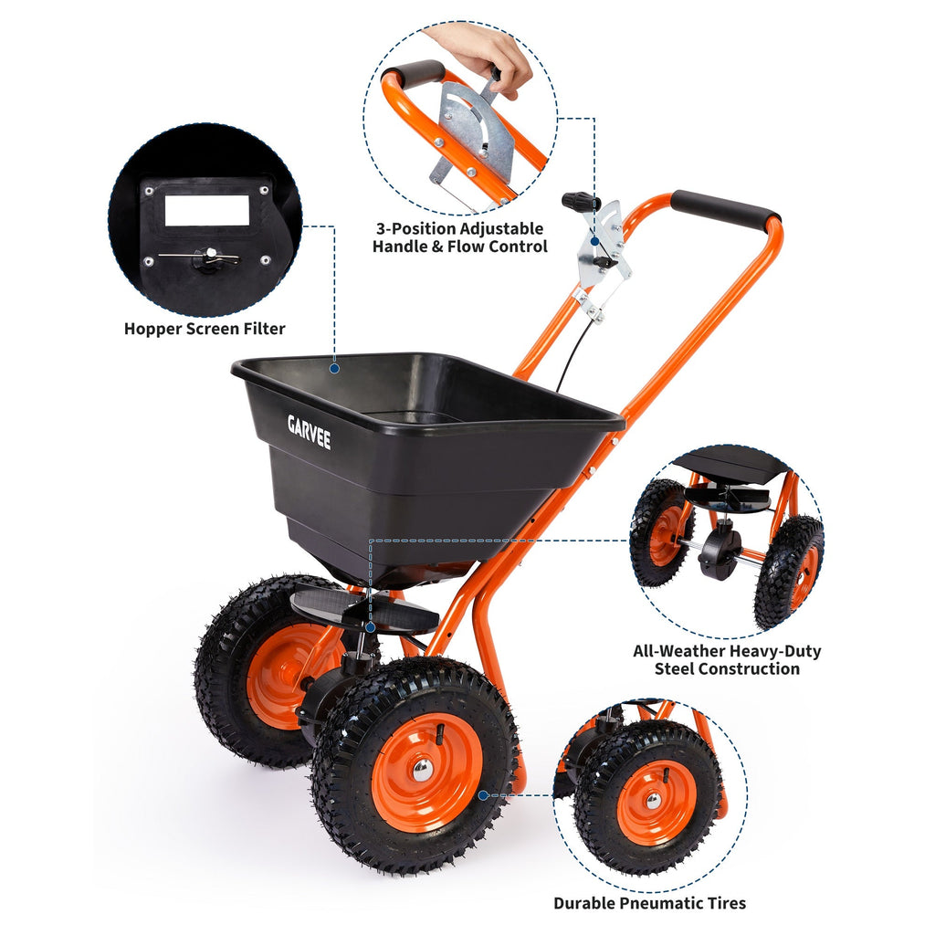Garvee 80 lb Push Broadcast Spreader with 12' Spread Width, Adjustable Drop Rate, 10" Pneumatic Tires, Rain Cover & Gloves for Seed, Fertilizer, Salt and Ice Melt, Black & Orange-Red