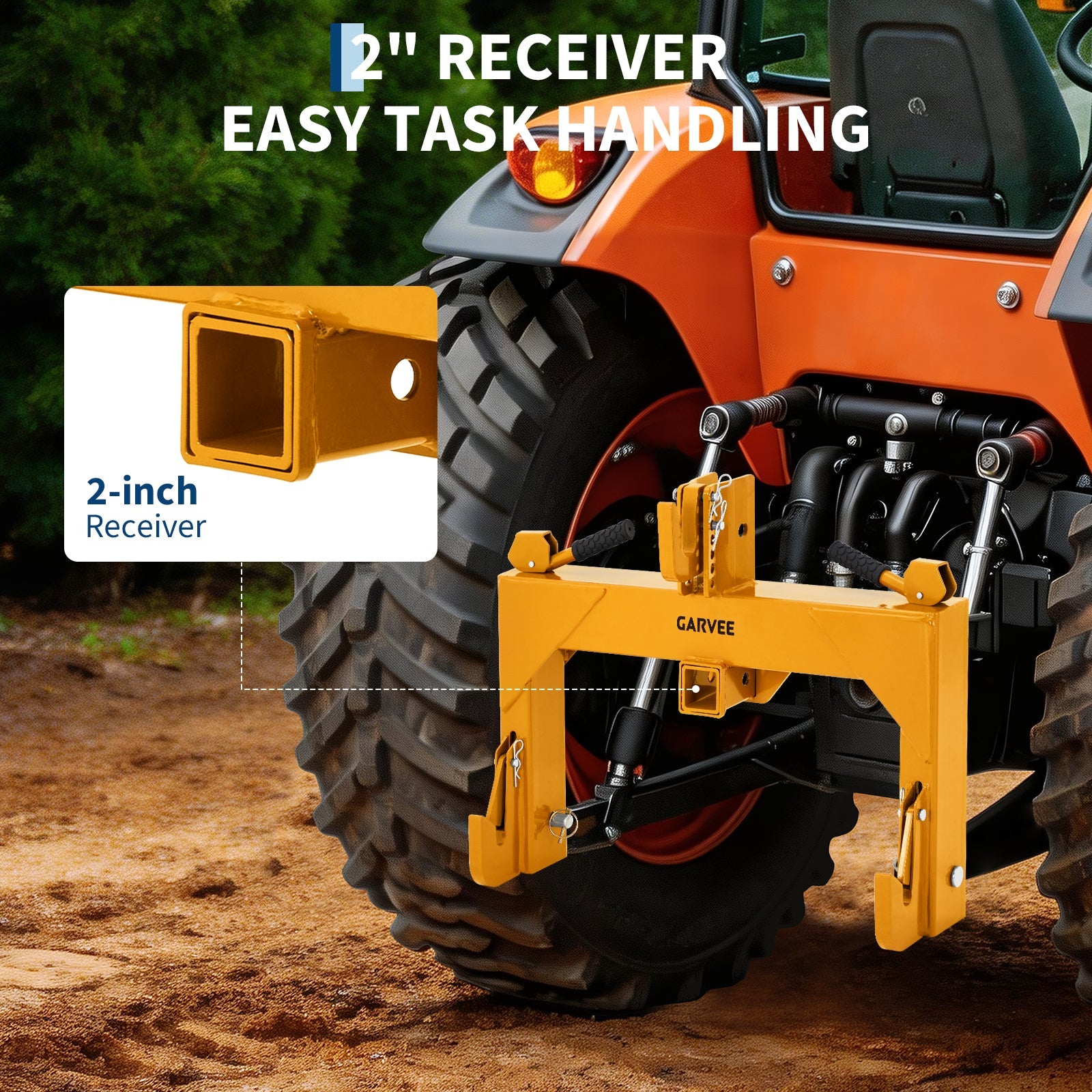Garvee Heavy-Duty Category 1 3-Point Quick Hitch for Tractor, 3000 lbs Lift Capacity with Built-In 2" Receiver, 5-Level Adjustable Top Hook Tractor Attachment, No Bushing Required, Yellow Powder Coated (24" x 24")