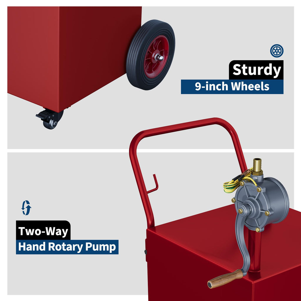 Garvee 40 Gallon Fuel Caddy Portable Gasoline Diesel Tank with Two-Way Rotary Pump & 9.8ft Hose Carbon Steel 4 Flat-Free Wheels Anti-Static Clamp for Cars Boats ATVs， Red