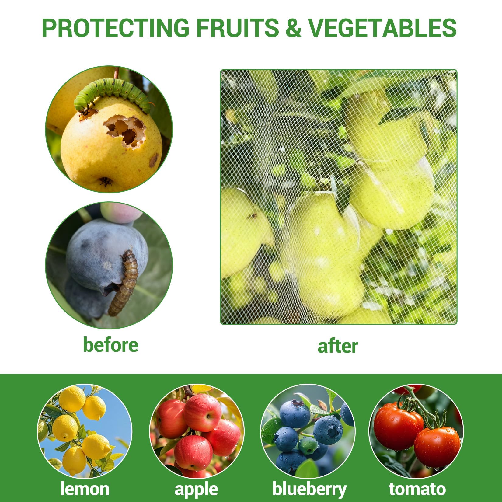 Garvee Fruit Tree Netting for Blueberry Bushes & Plants, 2-Pack 60-Mesh Covers in 8 x 8 FT and 10 x 10 FT with Zippers and Drawstrings, White