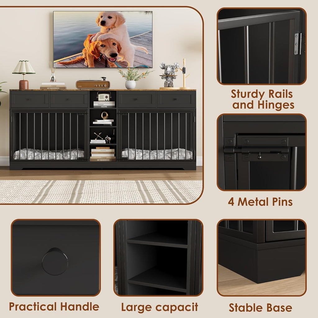 Garvee 82" Large Dog Crate for 2 Dogs, Dog Kennel Indoor with 4 Drawers and Shelves, Heavy Duty Double Dog Crate Furniture TV Stand, Wooden Dog Cage for Medium Large Dogs, Black+Brown