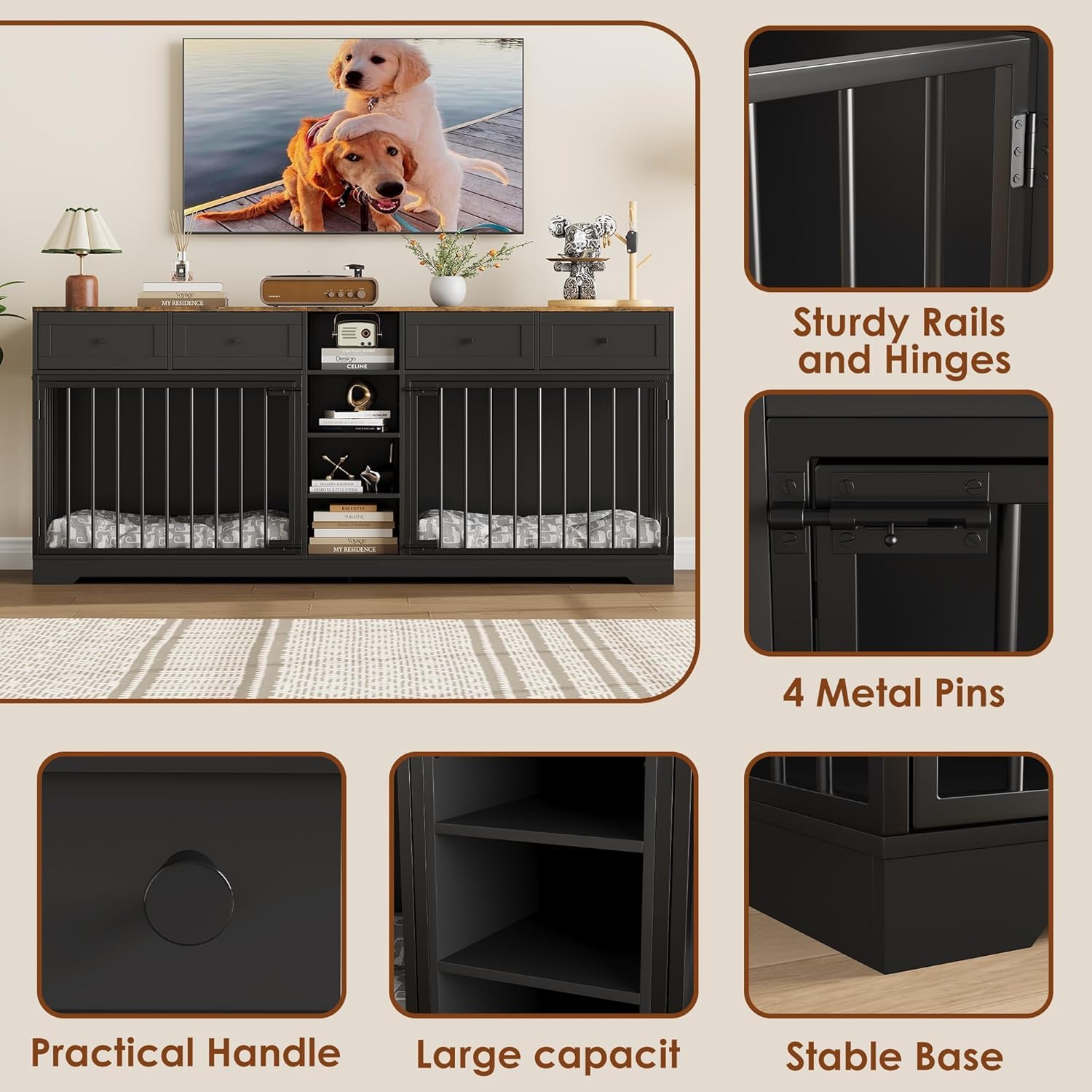 Garvee 82" Large Dog Crate for 2 Dogs, Dog Kennel Indoor with 4 Drawers and Shelves, Heavy Duty Double Dog Crate Furniture TV Stand, Wooden Dog Cage for Medium Large Dogs, Black+Brown
