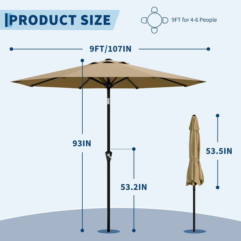 Garvee 9 ft Patio Umbrella, Outdoor Market Table Umbrella with Crank Lift, Push Button Tilt, 8 Sturdy Ribs & UV Protection for Pool, Deck, Yard and Garden, Tan